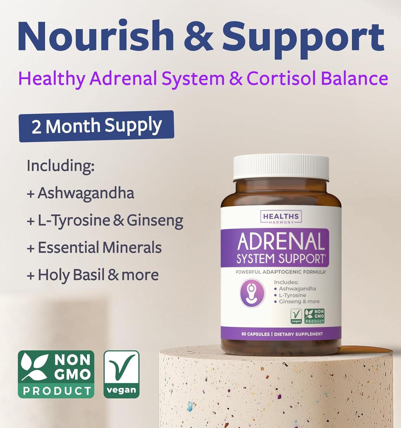 Adrenal System Support & Cortisol Manager (2 Month Supply) Powerful Ashwagandha & L-Tyrosine Fatigue Supplement - Maintain Balanced Cortisol Levels, Health, & Stress Relief - Non-GMO - 60 Capsules - Maple Wellness Supplements