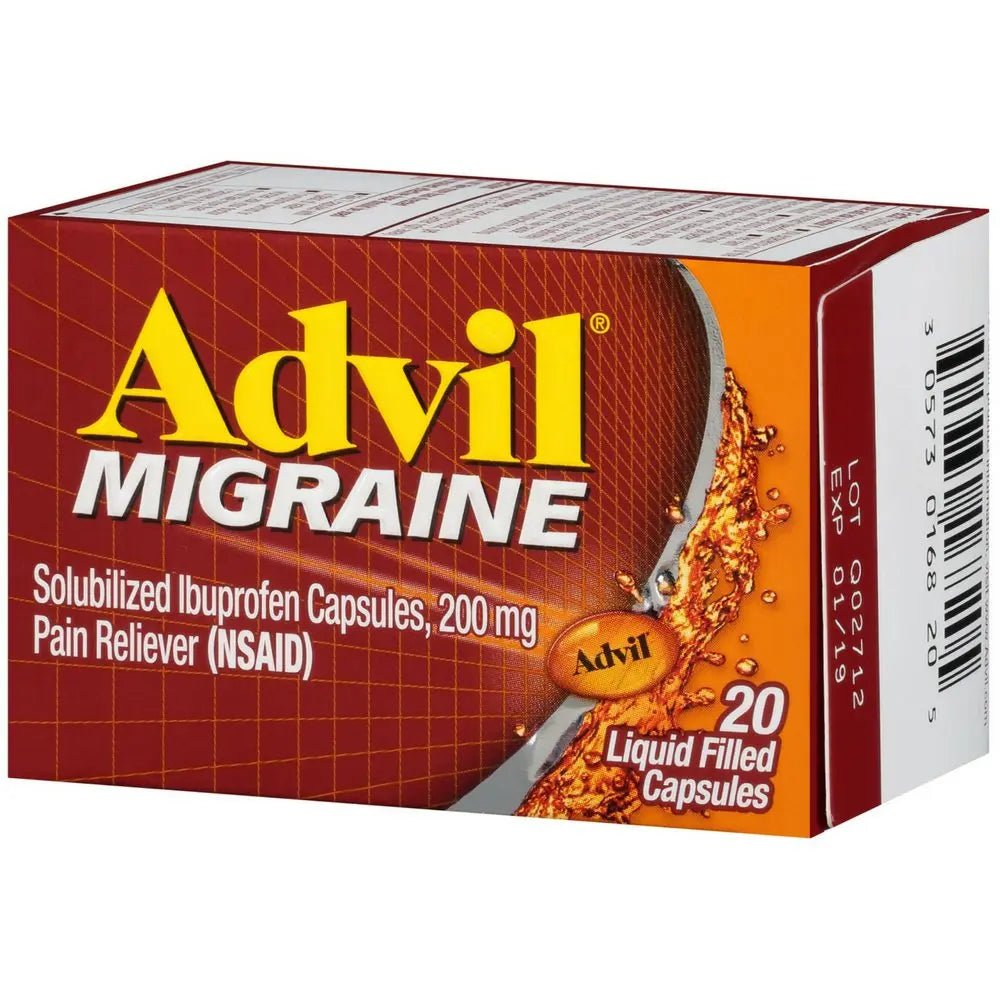 Advil Migraine Pain Reliever, Solubilized Ibuprofen 200mg, 20 Count, Liquid Filled Capsules, Powerful Migraine Relief - Maple Wellness Supplements