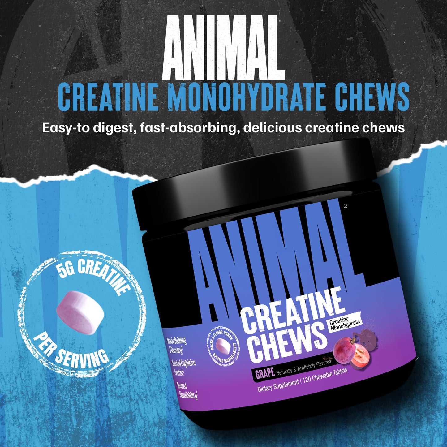 Animal Creatine Chews – 5g Creatine Monohydrate Tablets for Strength, Power & Training Recovery Support – Enhanced Absorption with AstraGin® – Convenient Chewable Format – 120 Tablets - Maple Wellness Supplements