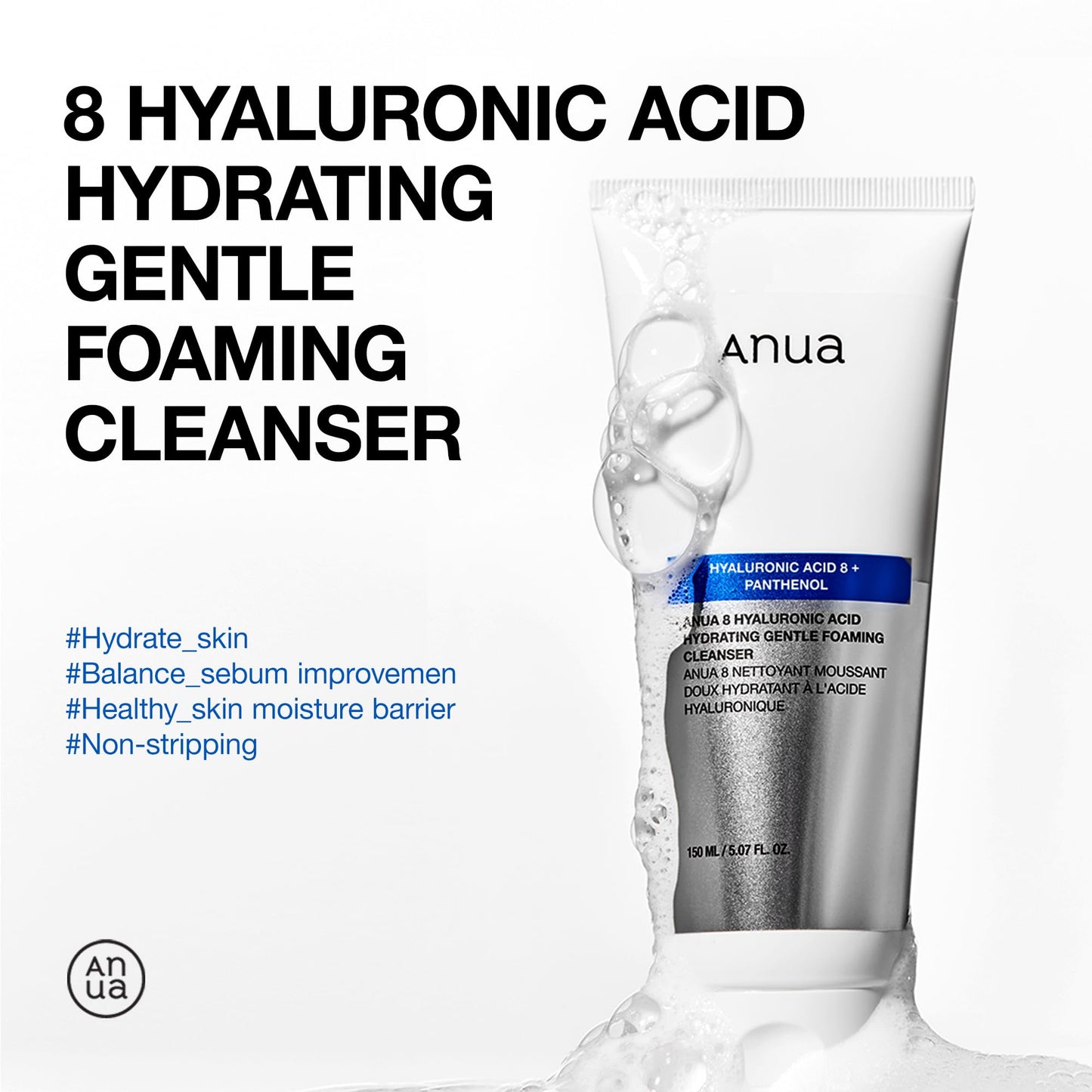 Anua Hydrating Gentle Foaming Cleanser, Hyaluronic Acid, Glycerin, Zinc, Panthenol, Korean Face Wash for Dry Skin - Maple Wellness Supplements