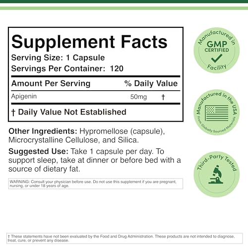 Apigenin Supplement - 50mg per Capsule, 120 Count (Powerful Bioflavonoid Found in Chamomile Tea for Relaxation, Sleep, and Mood) Senolytic - Maple Wellness Supplements
