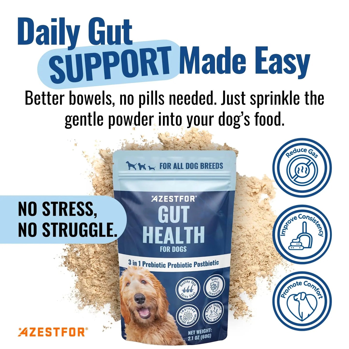 Azestfor Gut Health Supplement for Dogs – 3 in 1 Probiotic, Prebiotic & Postbiotic Blend – Supports Digestion, Immunity & Skin – Easy-to-Use Powder – for All Breeds & Sizes – 60g (30 Servings) - Maple Wellness Supplements