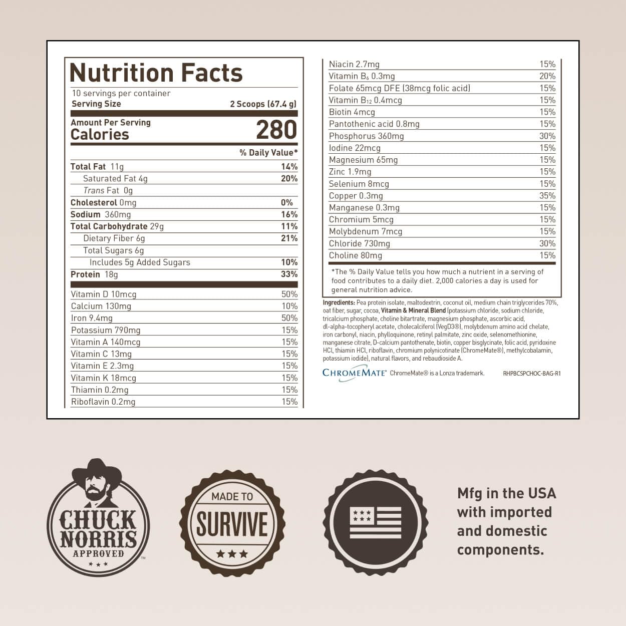 Basecamp Complete Nutrition Shake by Chuck Norris Roundhouse Provisions – Plant-Based Emergency Meal with 18g Protein & 28 Essential Nutrients – Rich Chocolate Flavor – 10 Servings, 3-Year Shelf Life - Maple Wellness Supplements