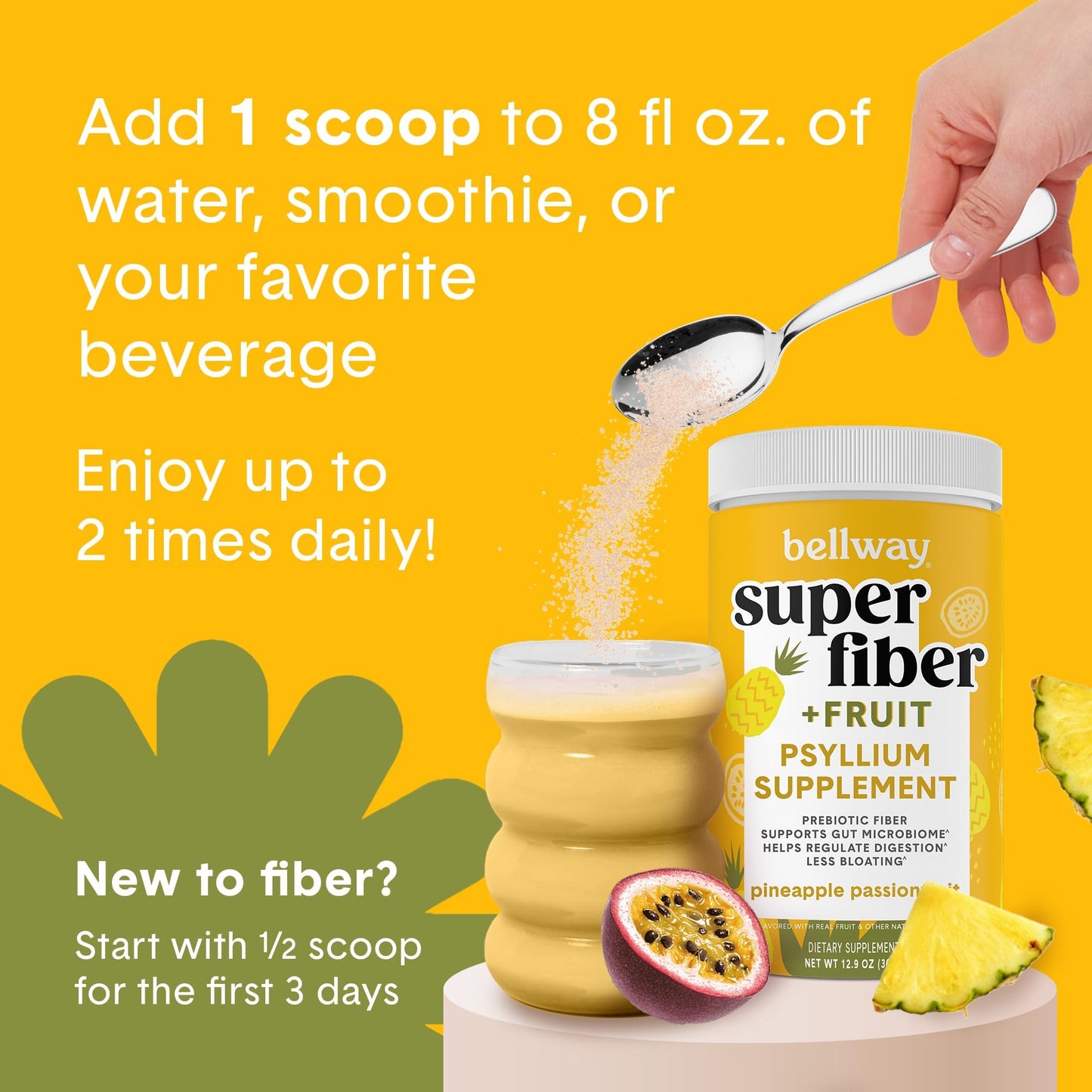Bellway Super Fiber Powder + Fruit, Sugar Free Organic Psyllium Husk Powder Fiber Supplement for Regularity, Bloating Relief & Digestive Health, Plant-Based, - Maple Wellness Supplements