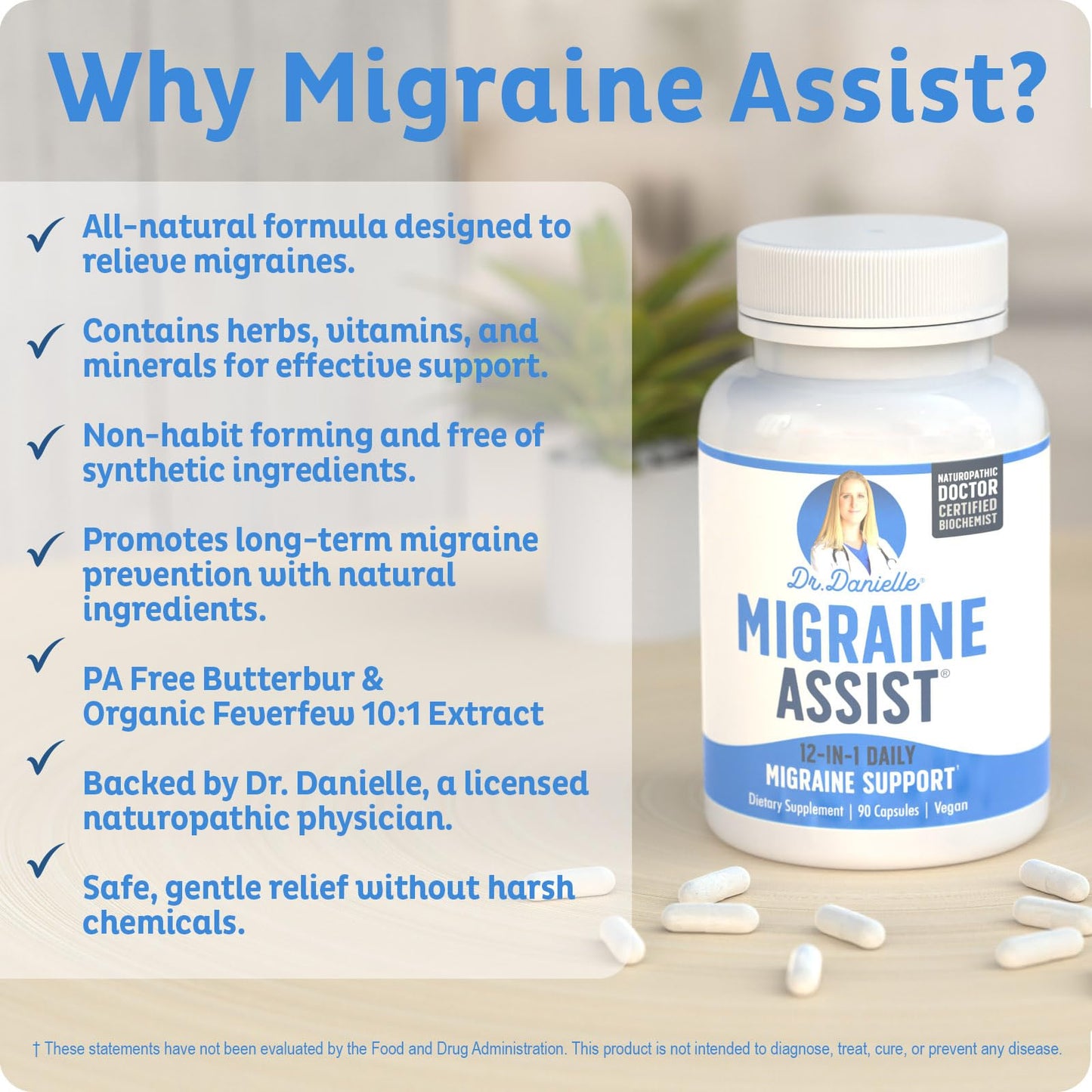 Best Migraine Relief Product with Magnesium - Migraine Assist Supplement with Quercetin, Feverfew, Butterbur, CoQ10 from Dr. Danielle, 90 Capsules - Maple Wellness Supplements