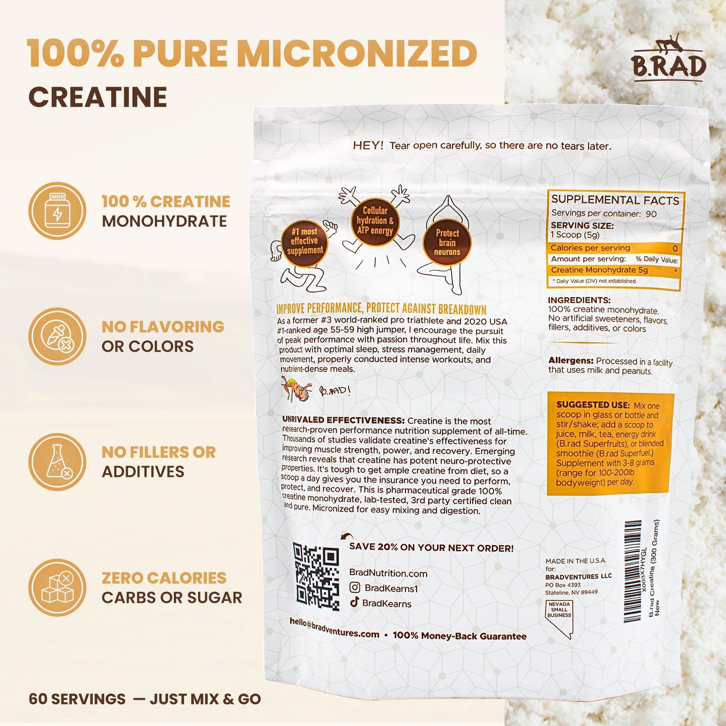 B.rad 100% Pure Micronized Creatine Monohydrate Powder | Natural, No Additives | Boosts Muscle Strength, Recovery & Performance | Supports Brain Health | 300g, 60 Servings - Maple Wellness Supplements