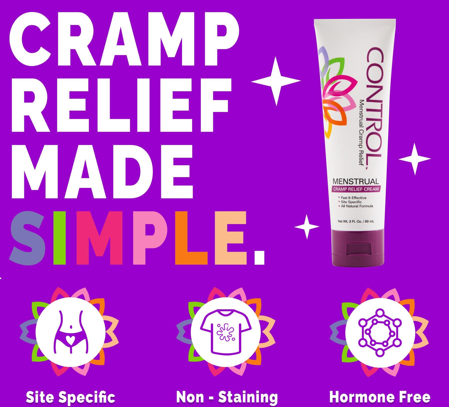 CONTROL, Menstrual Cramp Relief Cream, Topical Pain Relief for Period Cramps and PMS, Period Relief Products, Fast and Effective, Easy to Use, Safe for All Ages, Hormone Free, All Natural, 3 oz Tube. - Maple Wellness Supplements