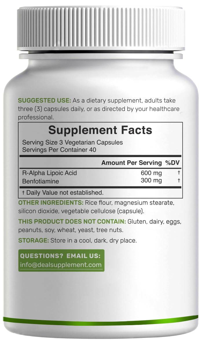 DEAL SUPPLEMENT R Alpha Lipoic Acid 600mg with Benfotiamine 300mg Per Serving, 120 Veggie Capsules – 200mg R-ALA Per Capsule – Antioxidant Supplement - Maple Wellness Supplements