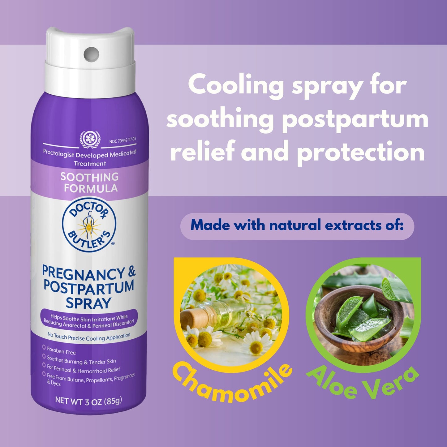 Doctor Butler's Pregnancy & Postpartum Spray - Perineal Spray and Hemorrhoid Treatment with Aloe and Chamomile, Pregnancy Support and Postpartum Essentials, Paraben Free (3oz) - Maple Wellness Supplements