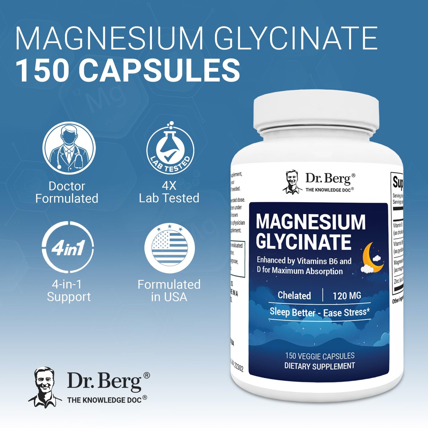 Dr. Berg Magnesium Glycinate 150ct – 4-in-1 Chelated for Muscle, Nerve, Sleep & Stress Support*– w/ D3, B6 & Zinc – 4X Lab-Tested - Maple Wellness Supplements
