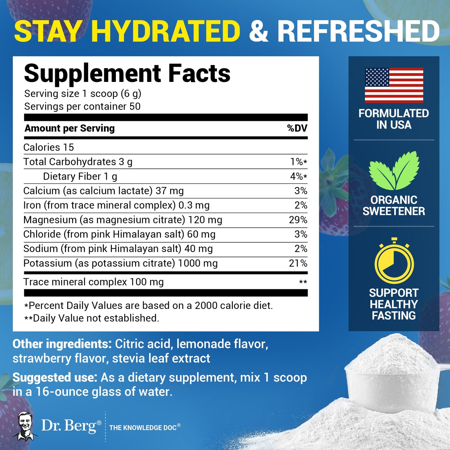 Dr. Berg Zero Sugar Hydration Keto Electrolyte Powder - Enhanced w/ 1000 mg of Potassium & Real Pink Himalayan Salt (NOT Table Salt) - Strawberry Lemonade Hydration Drink Supplement - 50 Servings - Maple Wellness Supplements