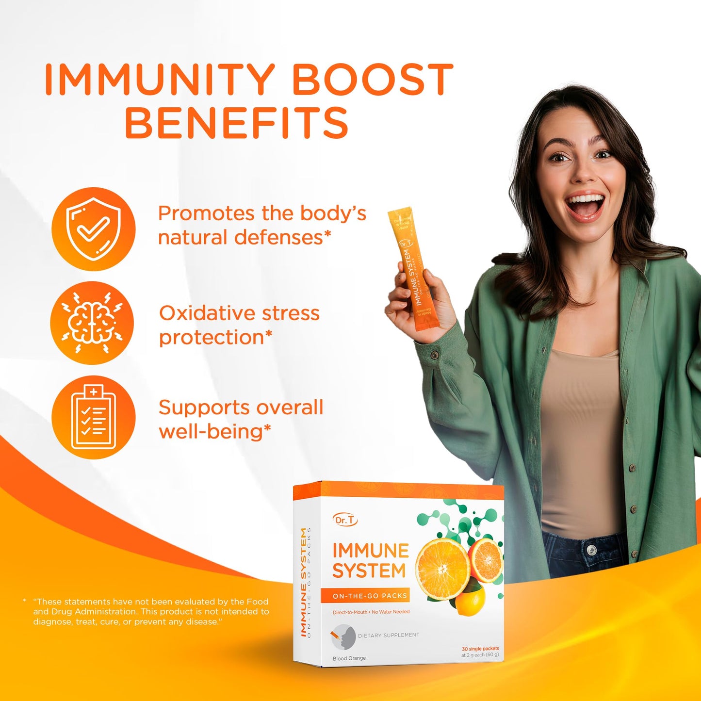 Dr. T On-the-go Packs – Immune System Formula – No Water Needed, Direct-to-Mouth – with Vitamins C, E, Zinc & Selenium – Supports Daily Wellness, Vitality & Overall Health – Orange, 30 Packs - Maple Wellness Supplements
