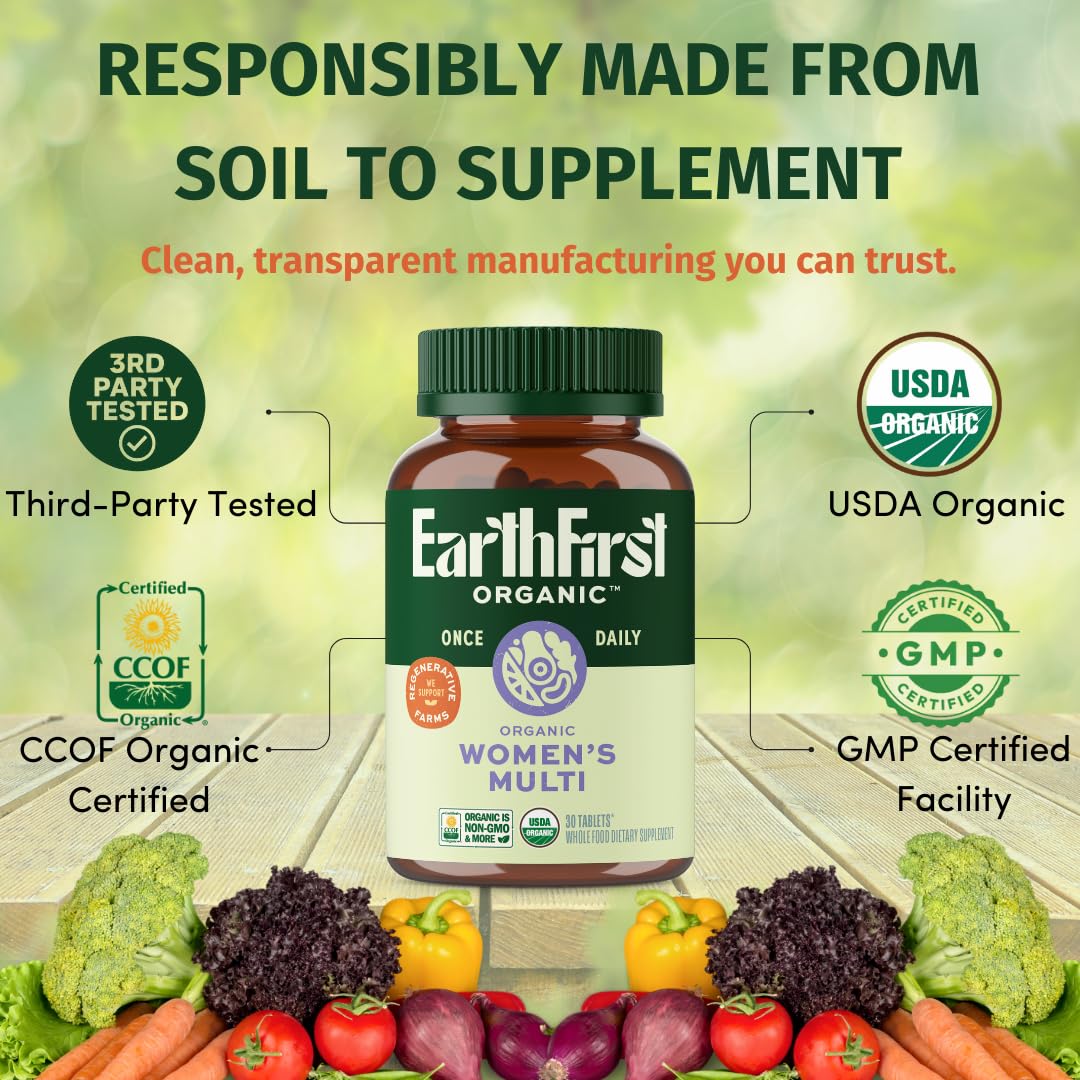 EarthFirst Organic Women’s Multi Once Daily, Women's Multivitamin, Iron, Vitamin B12 & More, 19 Vitamins from Herbs & Superfoods, 30 Count - Maple Wellness Supplements