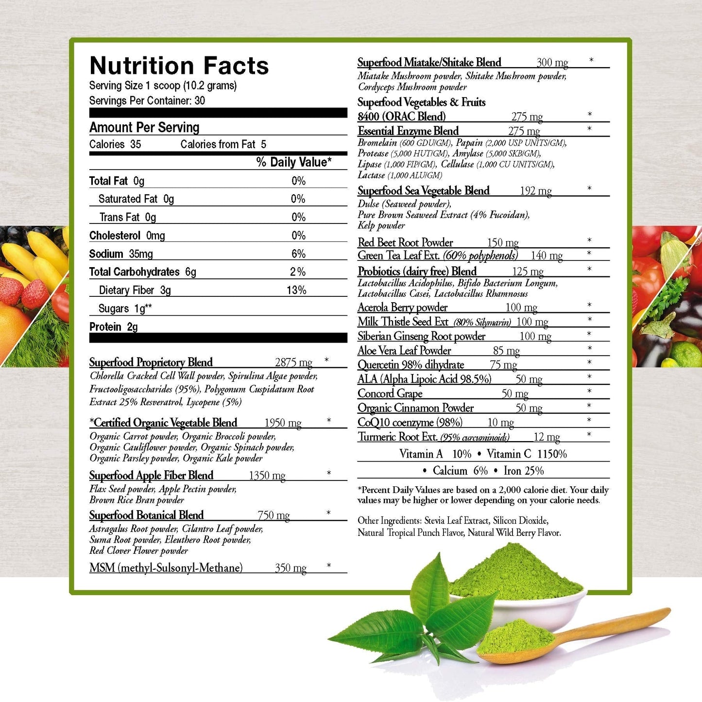 ecostream Naturals Vital First Daily Greens Superfood Powder 50 Whole Super Foods with Spirulina, Chlorella, Flax Seed, Fiber and Enzymes with Organic Greens - 30 Servings - Maple Wellness Supplements