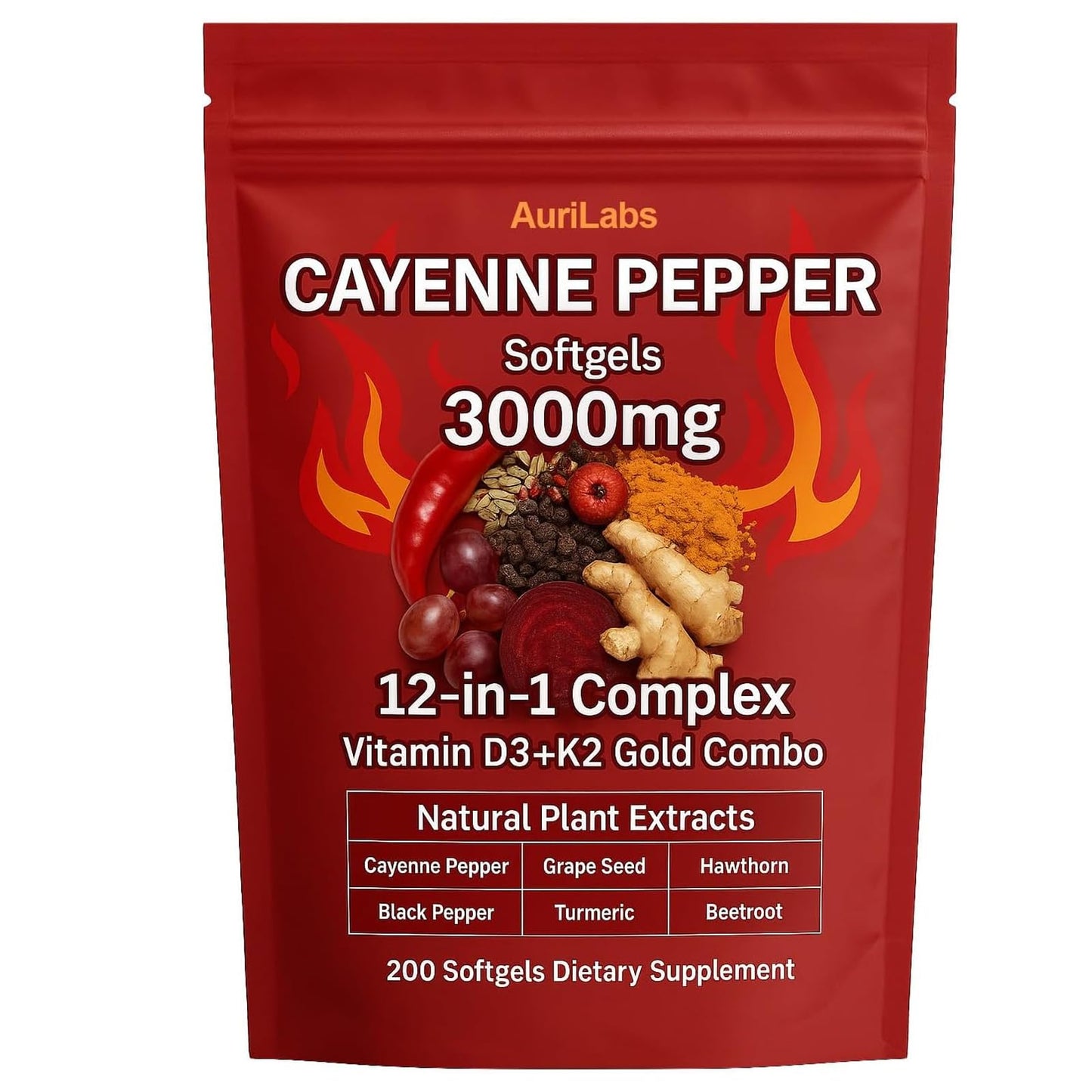 EILTEAU AuriLabs Cayenne Pepper Softgels Supplement, Supports Leg Vein, Heart and Blood Vessel Health, with Vitamin E D3+K2 and Extracts of Grape Seed, Hawthorn, Beetroot and Others (1) - Maple Wellness Supplements