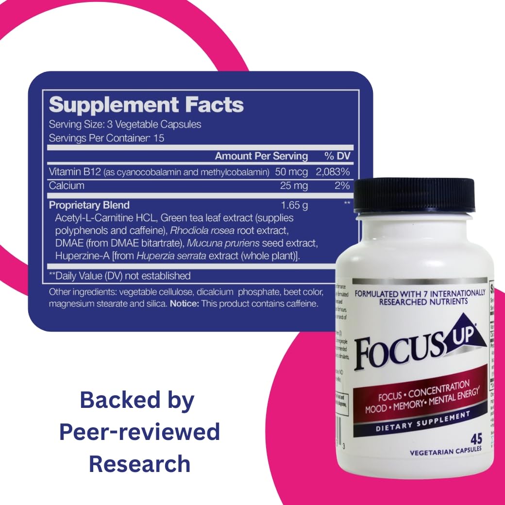 FocusUP Brain & Energy Support Supplement – Natural Nootropic Capsules with Acetyl L-Carnitine, Rhodiola, DMAE & Huperzine-A | Supports Focus, Memory, Mood & Mental Clarity | 45 Sugar-Free Capsules - Maple Wellness Supplements