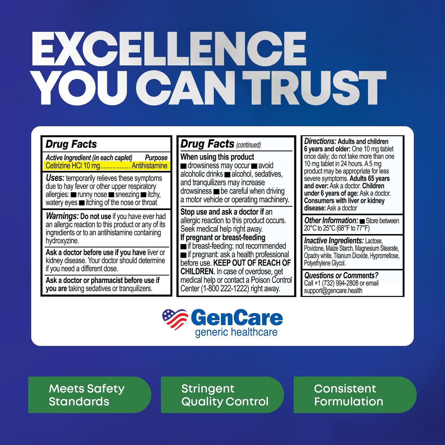 GenCare - Cetirizine HCL 10 mg (200 Caplets) - 24 Hour Allergy Relief Pills - Non Drowsy Generic OTC Allergy Medication - Antihistamine Medicine for Sneezing, Runny Nose & Itchy Eyes - Generic Zyrtec - Maple Wellness Supplements