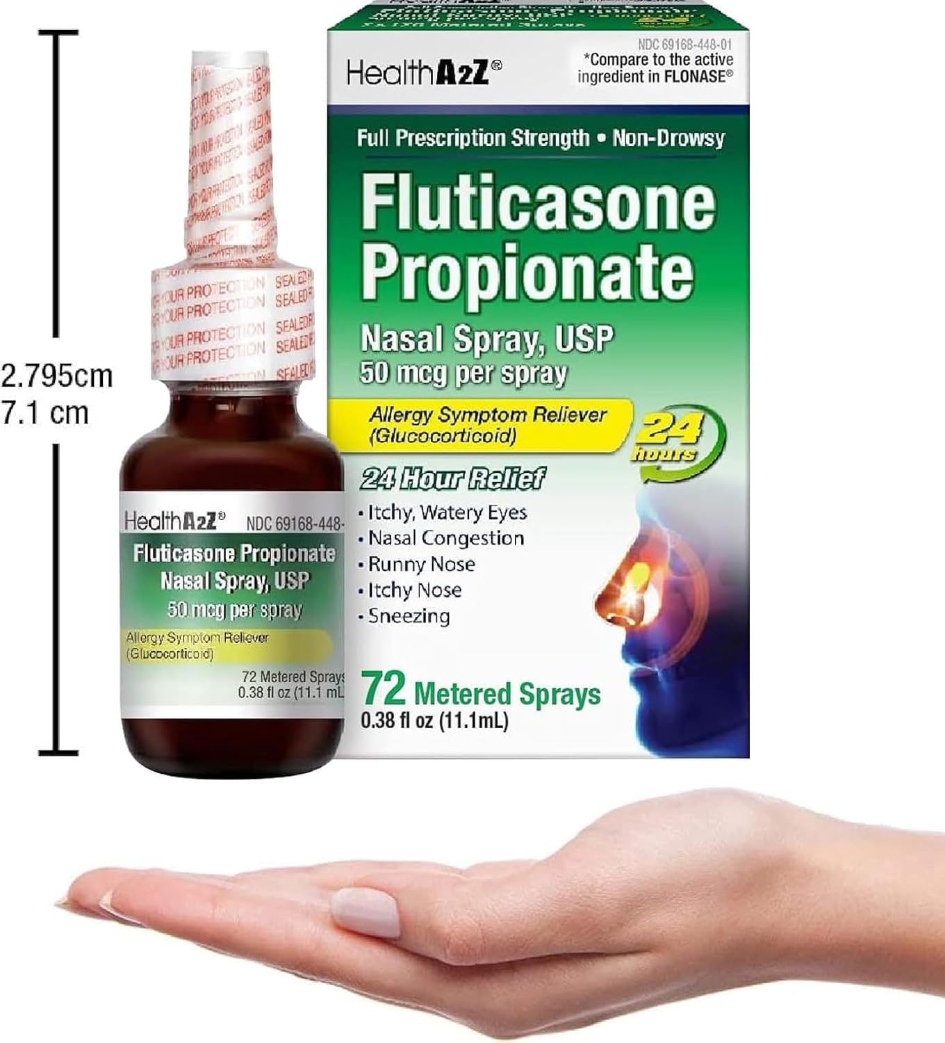 HealthA2Z® Allergy Relief, Fluticasone Propionate 50mcg, Nasal Spray, 24-Hour Allergy Relief, Nasal Decongestant, Dye Free, 72 Sprays (0.38 fl oz) - Maple Wellness Supplements