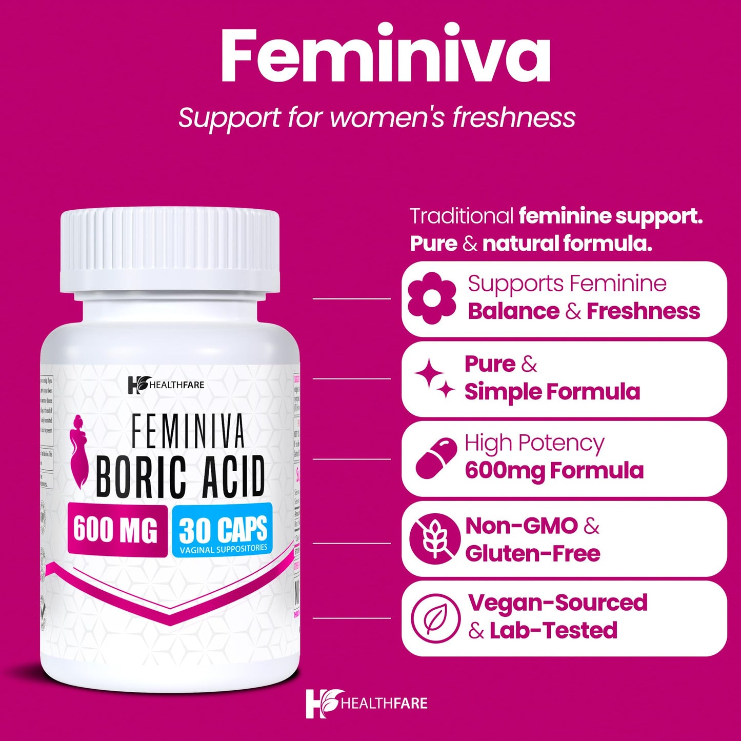 Healthfare Feminiva Boric Acid Suppositories | 2-Pack | 30 Vaginal Suppositories Each | 600mg | 100% Pure | Made in The USA - Maple Wellness Supplements