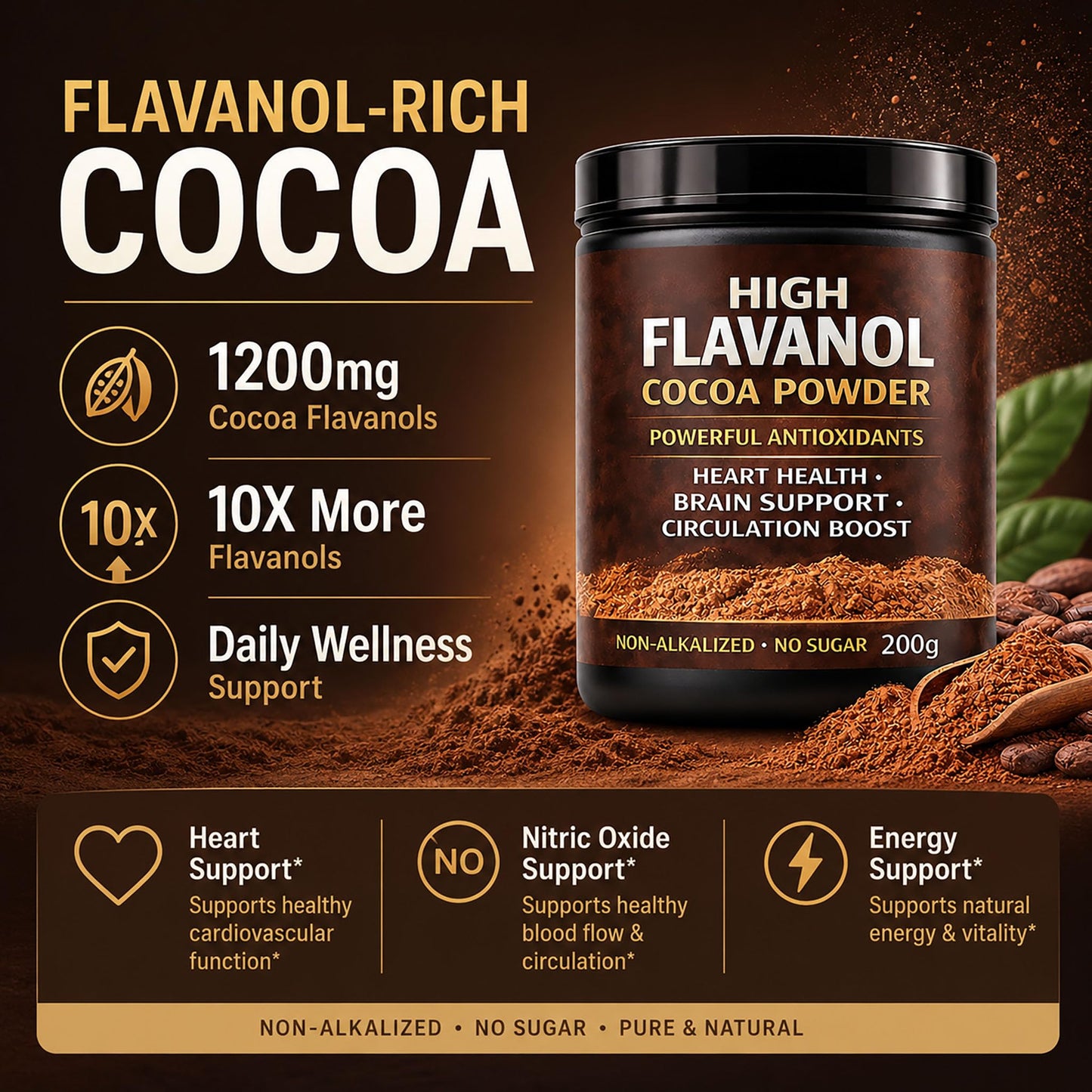 High Flavanol Cocoa Powder, Flavanol Rich Cocoa Powder– 1200mg Cocoa Flavanols – 10X More Flavanols – Supports Heart Health, Nitric Oxide & Energy - Maple Wellness Supplements