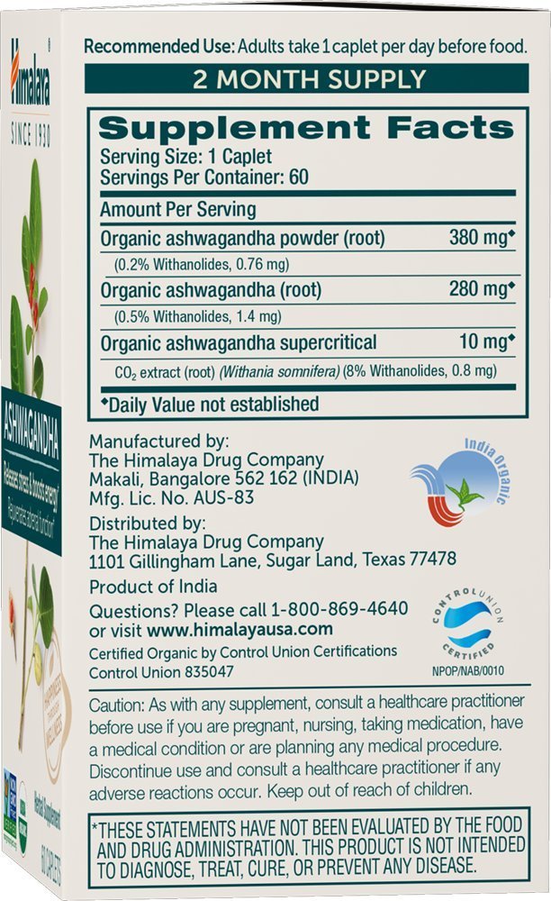 Himalaya Organic Ashwagandha Root, 120 Day Supply - Herbal Adrenal Support Supplements for Stress Relief and Energy Support - USDA Organic, Non-GMO, Vegan, Gluten Free, 60 Caplets, 2 Pack - Maple Wellness Supplements