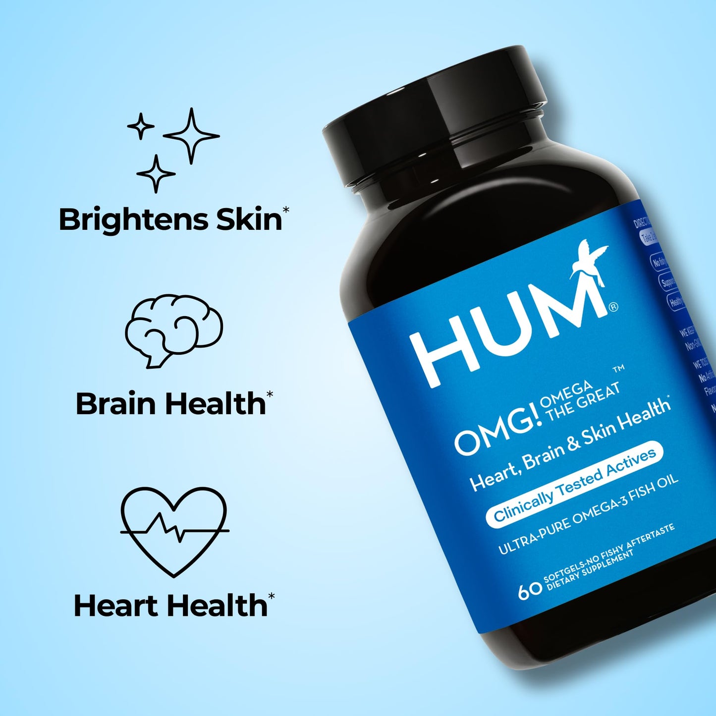 HUM OMG! Omega The Great Triple Omega 3 Fish Oil Supplement for Women & Men with Vitamin E, DHA & EPA, Skin Care & Skin Tone Support for Heart & Brain Health, Gluten Free, Non GMO, 60 Softgels - Maple Wellness Supplements
