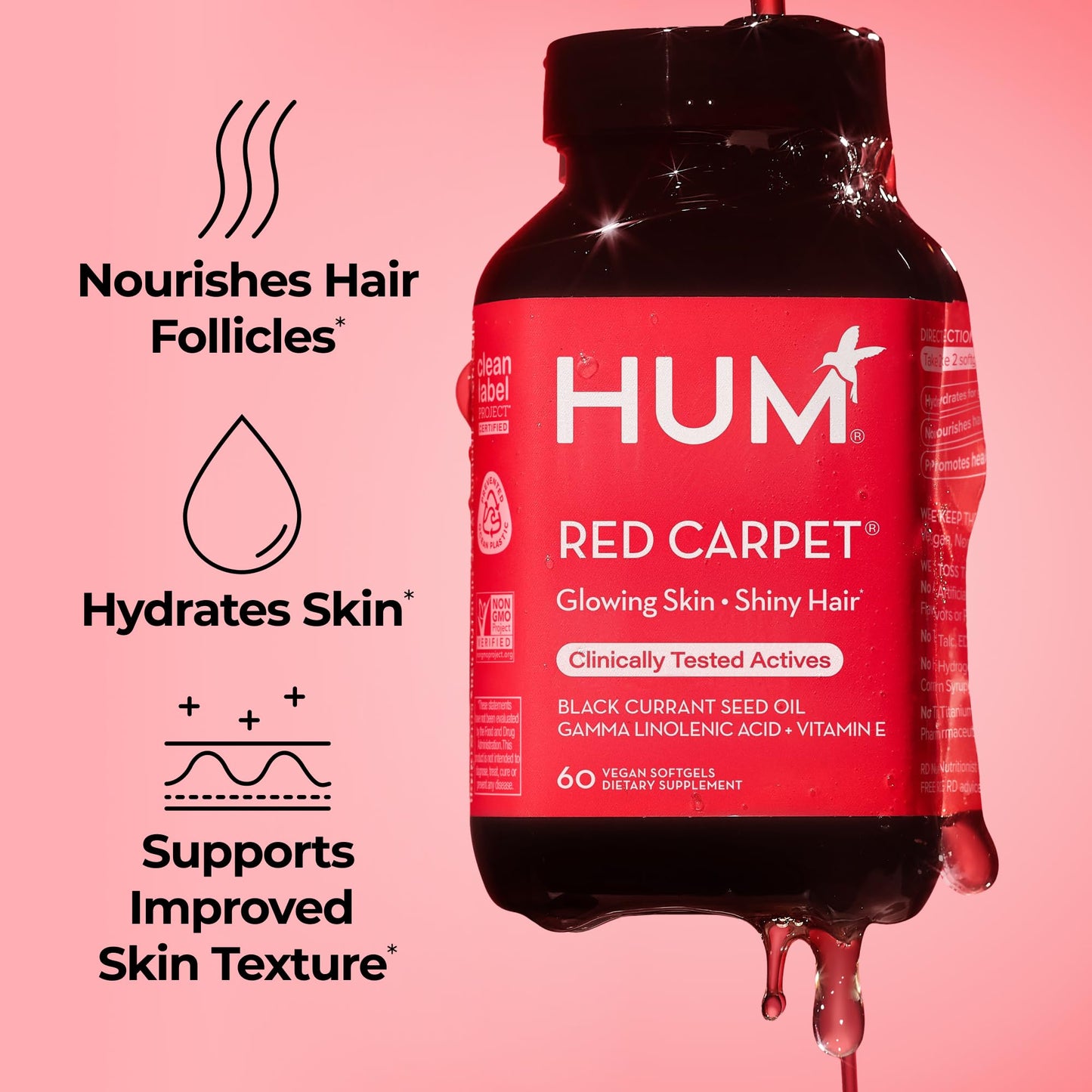 HUM Red Carpet Skin & Hair Vitamins for Women with Omega 3 Fatty Acids, Vitamin E, and Black Currant Seed Oil, Supplement for Skin Health & Healthy Hair Follicles Support, 60 Count - Maple Wellness Supplements