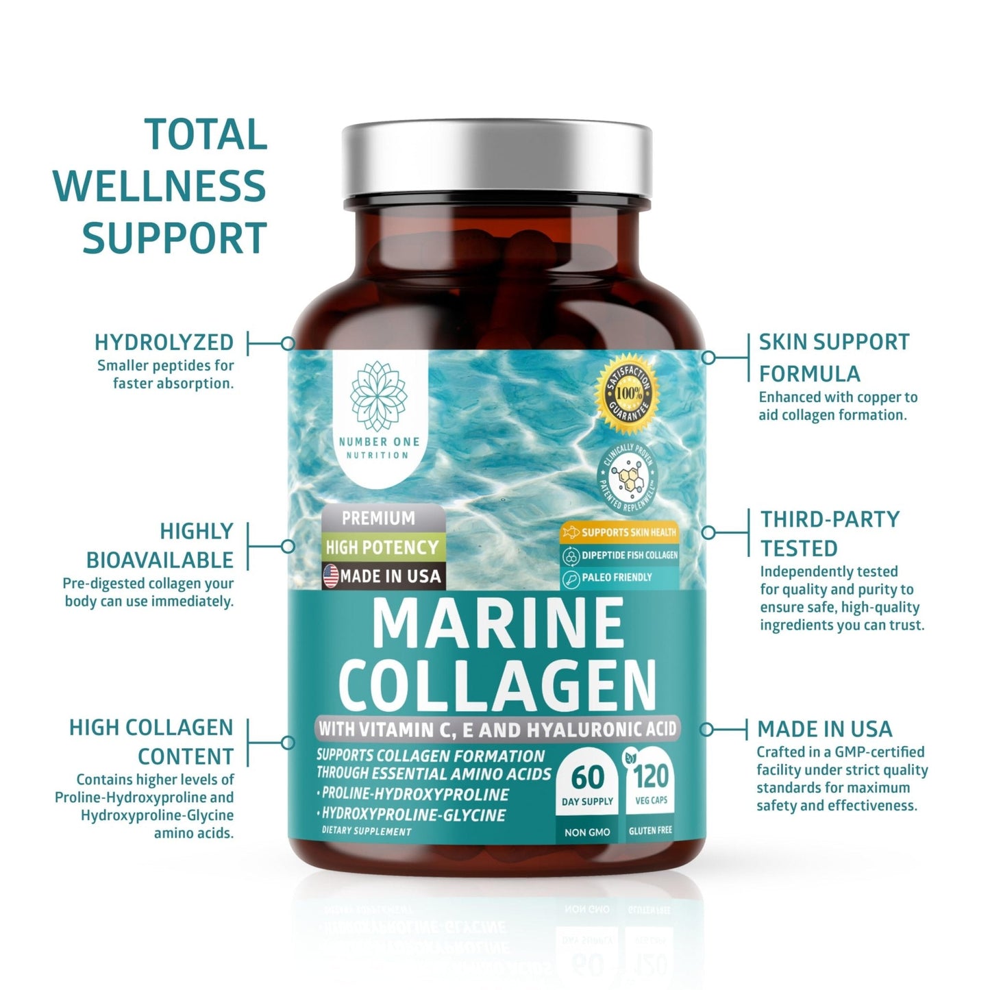 Hydrolyzed Marine Collagen with Hyaluronic Acid, Vitamin C, Theaflavin and Copper, Collagen Supplement for Women and Men for Radiant Skin, Hair & Nails, - Maple Wellness Supplements