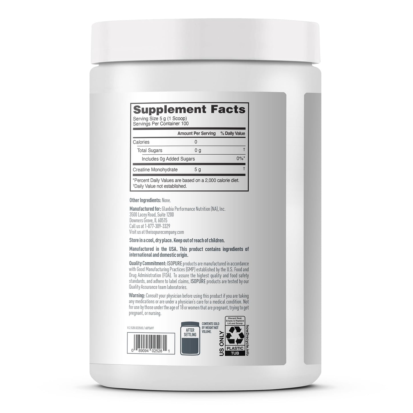Isopure 100% Pure Creatine Monohydrate Powder, Sugar Free, Unflavored, 5g Creatine Monohydrate Per Serving, 1.1 Lbs, - Maple Wellness Supplements