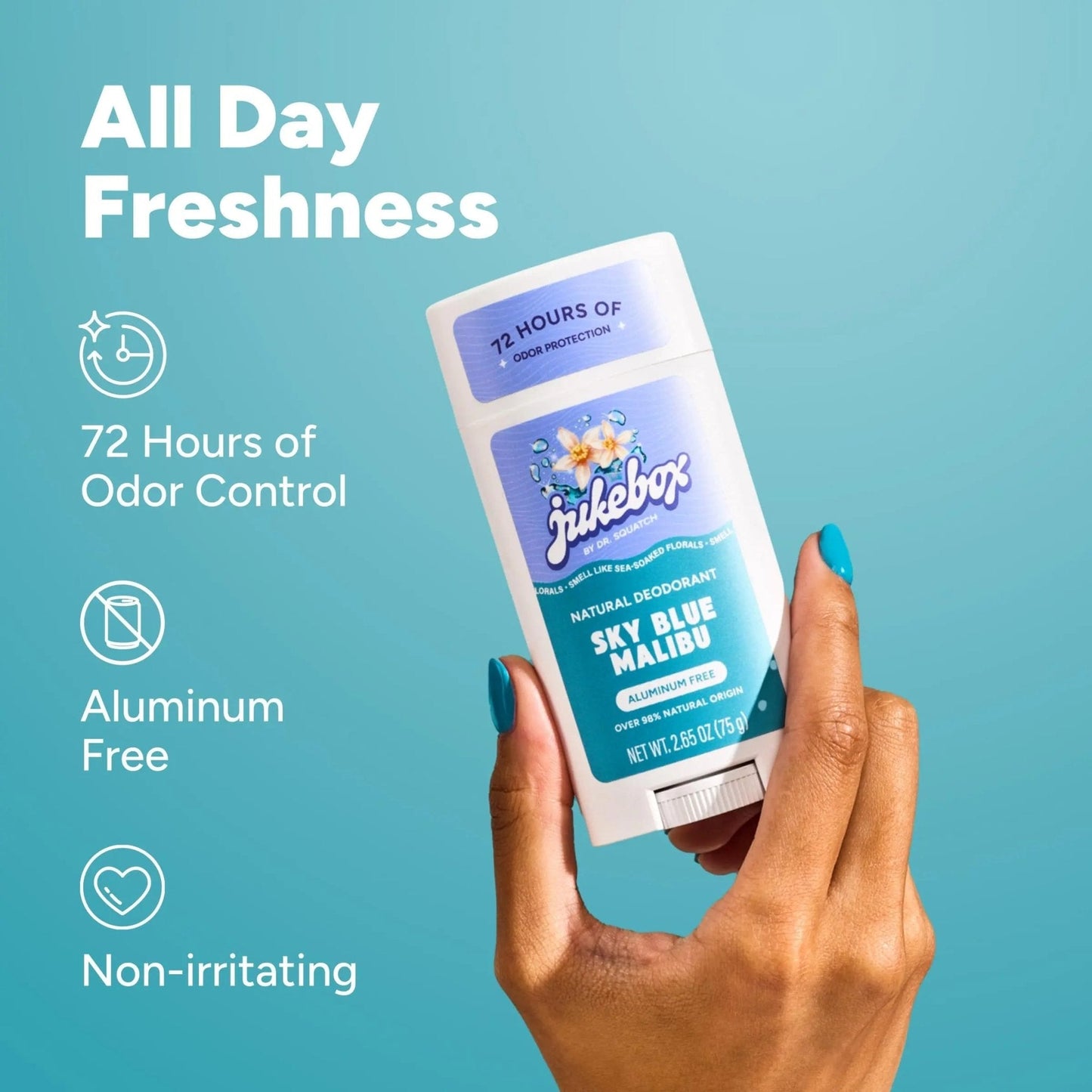 Jukebox Natural Women’s Deodorant – Aluminum Free, 72 Hour Odor Protection – Made with Arrowroot, Charcoal & Postbiotics – Sky Blue Malibu, 2.65 oz - Maple Wellness Supplements