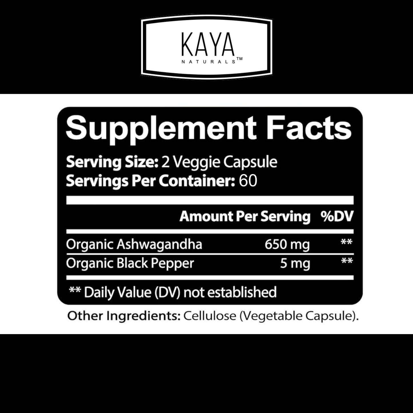 Kaya Naturals Ashwagandha 1300mg, 120 Count Capsules for Stress Relief, Adrenal, Mood & Thyroid Support, Black Pepper and 100% Pure Ashwagandha -120 Capsules - Maple Wellness Supplements