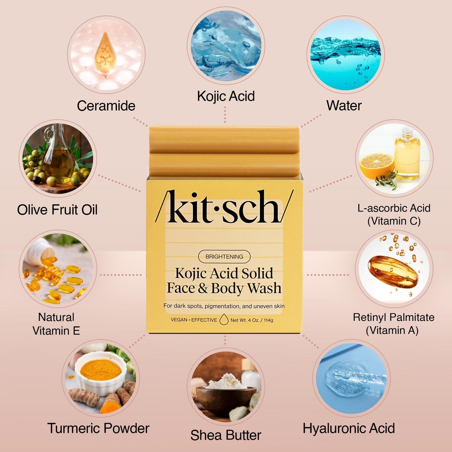 Kitsch Kojic Acid Soap – Turmeric Soap Bar with Hyaluronic Acid & Shea Butter – Brightening & Hydrating Body Wash & Face Wash for Dark Spots - Maple Wellness Supplements