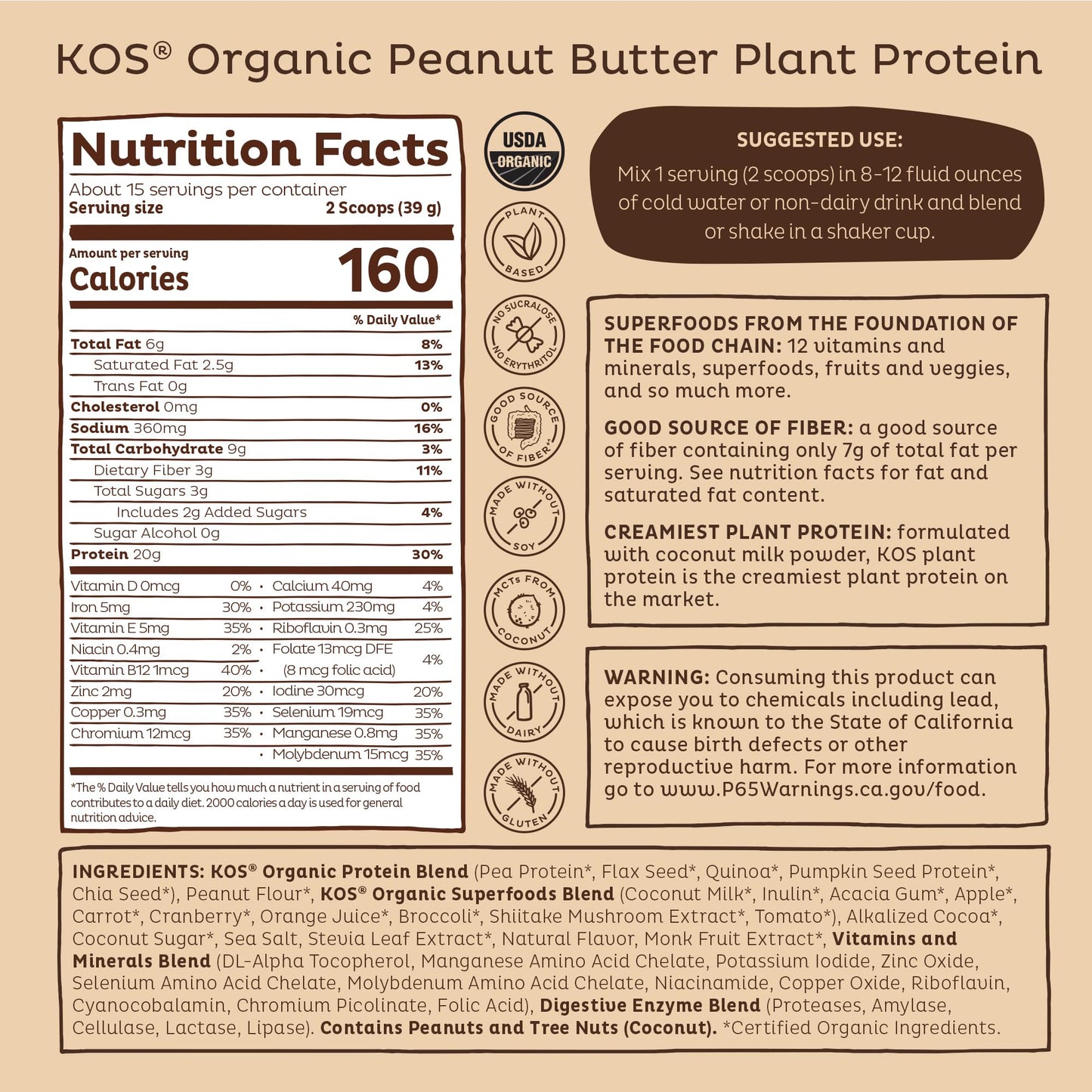 KOS Organic Plant Based Protein Powder, Chocolate Peanut Butter - Delicious Vegan Protein Powder - Keto Friendly, Gluten Free, Dairy Free & Soy Free - 15 Servings - Maple Wellness Supplements