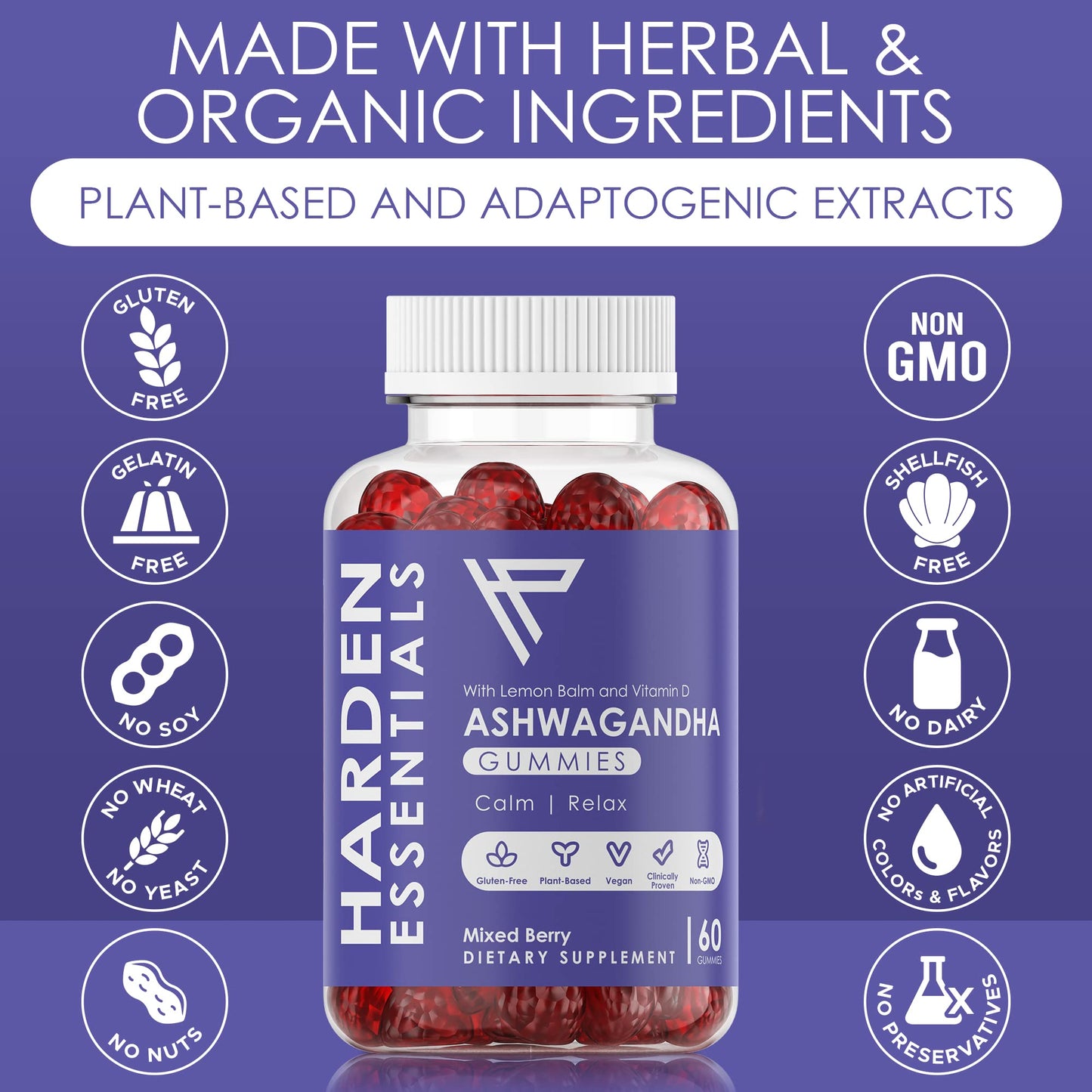 KSM-66 Ashwagandha Gummies 750mg Per Gummy – 1,500mg Per Serving – Stress & Cortisol Support – with Lemon Balm & Vitamin D – 60 Count (30 Day Supply) – Vegan – Harden Essentials - Maple Wellness Supplements