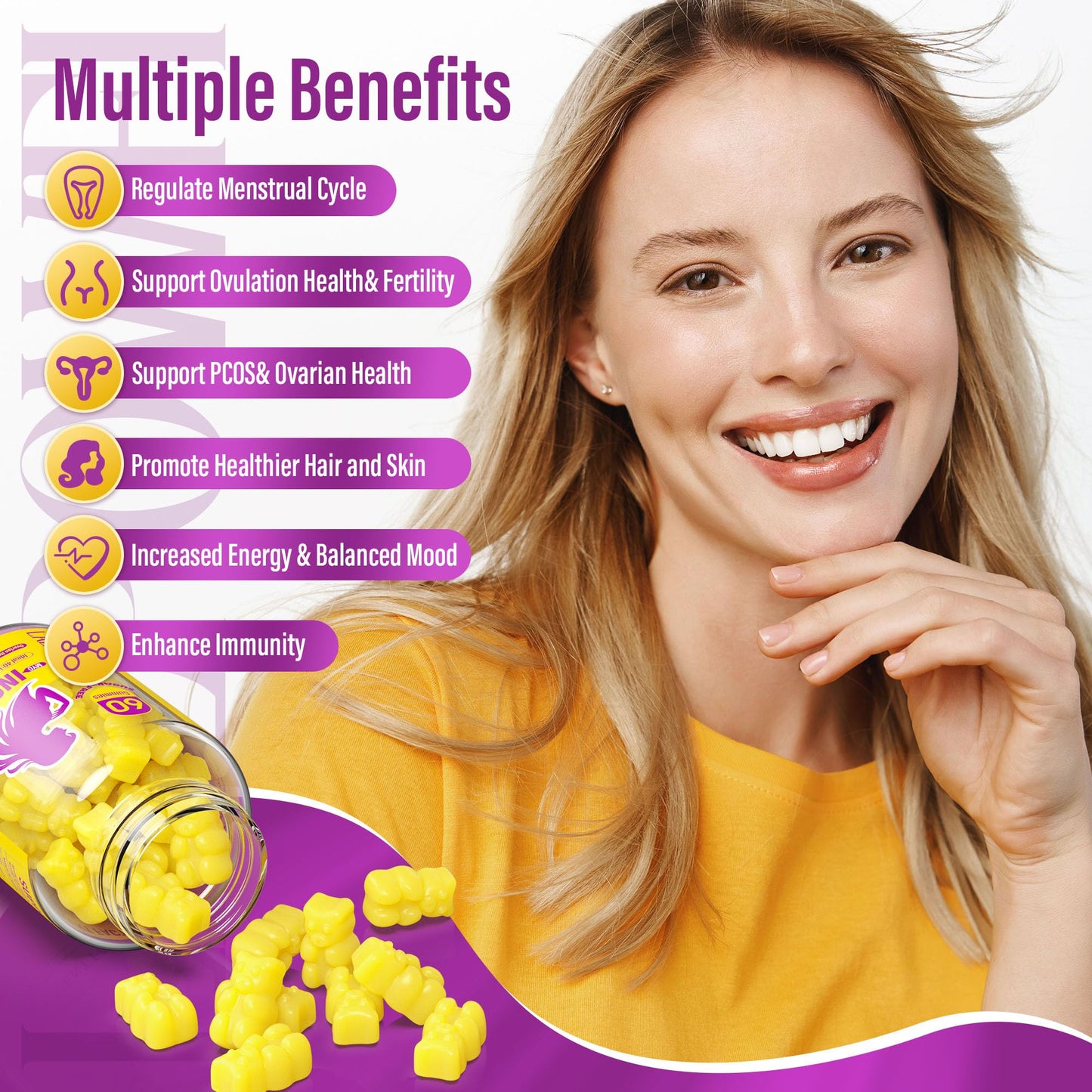 Lazpowfi Myo-Inositol & D-Chiro Inositol,Inositol Gummies with Vitamin D3, Magnesium Glycinate, Omega-3, Folate & Zinc, Inositol Supplement Menstrual Cycle for Women-40:1 Ratio-30 Day Supply - Maple Wellness Supplements