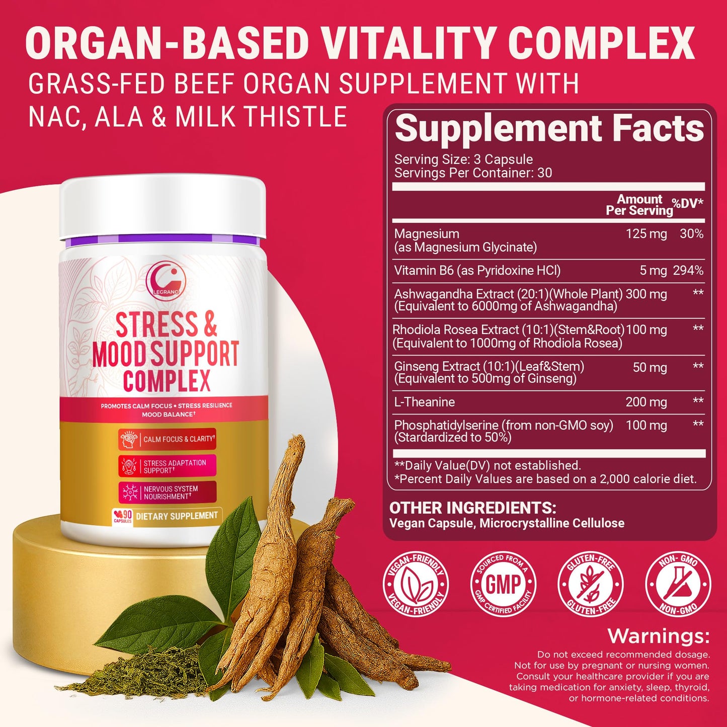LEGRANO Cortisol Manager Supplements for Women & Men with Ashwagandha, L-Theanine, Magnesium Glycinate, Rhodiola, Ginseng – Cortisol Reducer & Adrenal Support – 90 Capsules – Calm, Focus, Balance - Maple Wellness Supplements