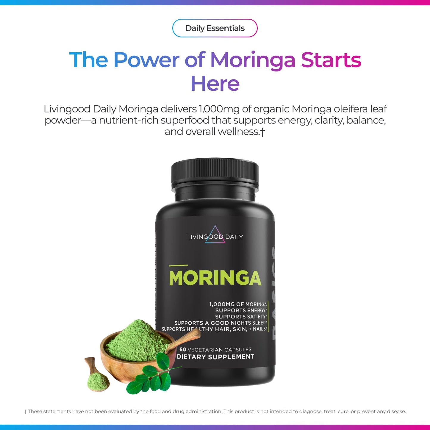 Livingood Daily Moringa Capsules, Moringa Supplement for Energy, Sleep, Satiety, Hair, Skin, Nails & Wellness, Plant Based Vegetarian, Gluten Free - Maple Wellness Supplements