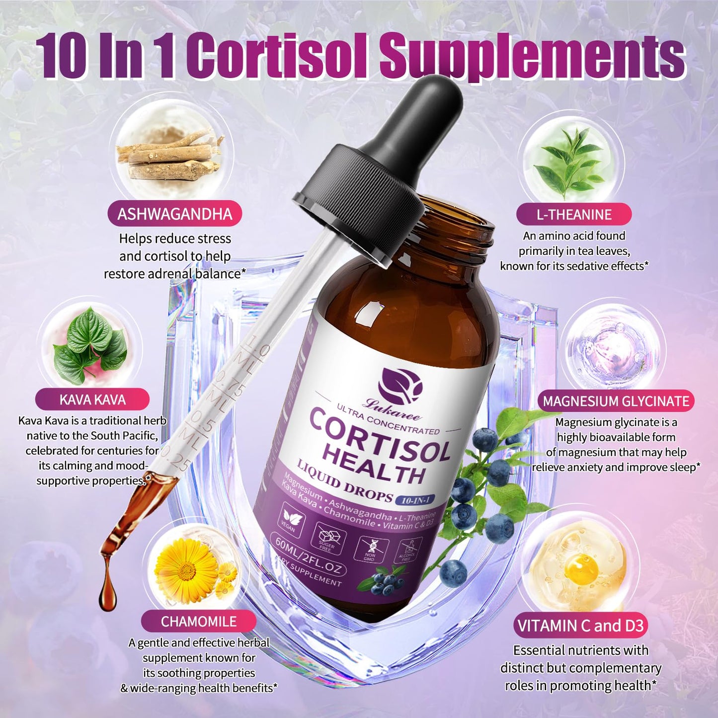 Lukaree Cortisol Supplements for Women, 10 in 1 Cortisol Reducer Detox with Ashwagandha, L-theanine, Kava Kava, Magnesium, Lower Cortisol, Mood, Focus, Sleep Support - 2 FL.OZ, Blueberry Flavor - Maple Wellness Supplements