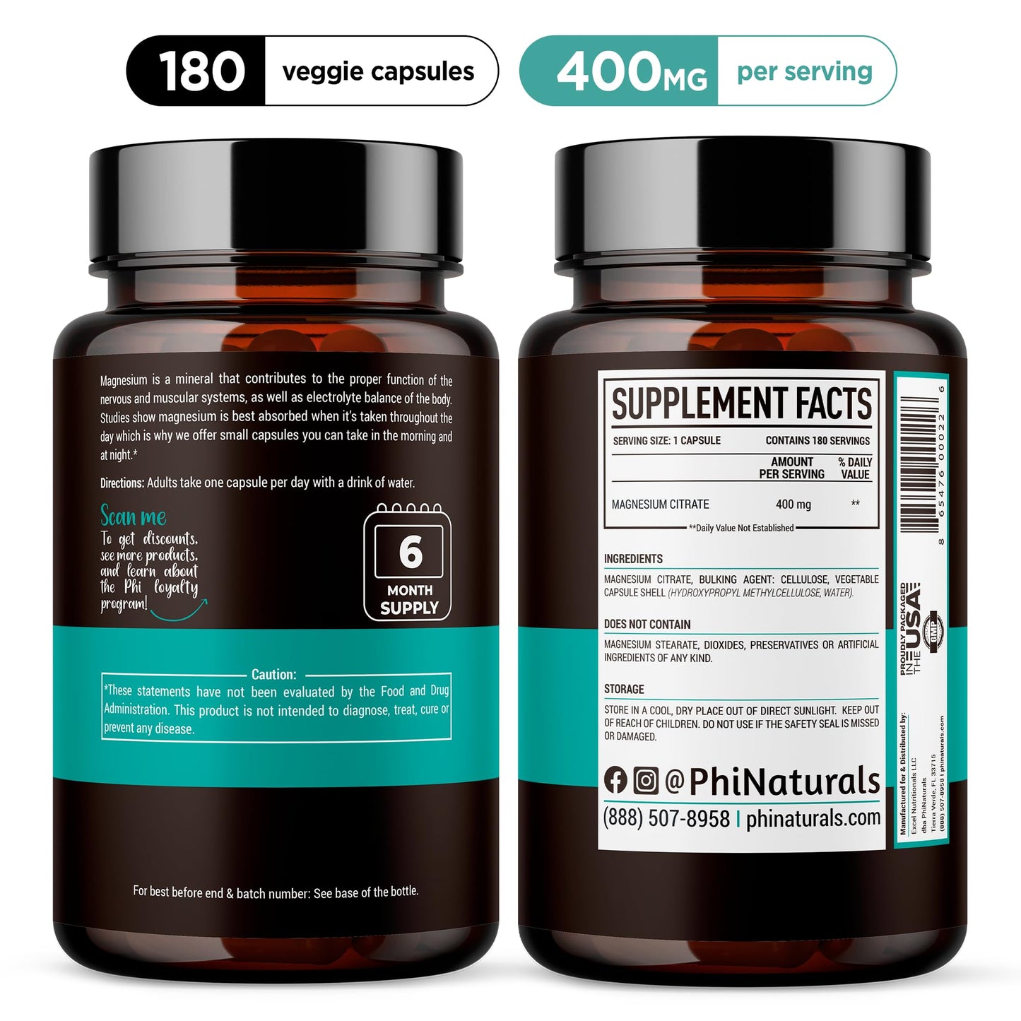 Magnesium Citrate Powder Capsules 400mg - 180 Count Veg Caps - PhiNaturals Supplements - Nervous System Support and Enzyme Function - Maple Wellness Supplements