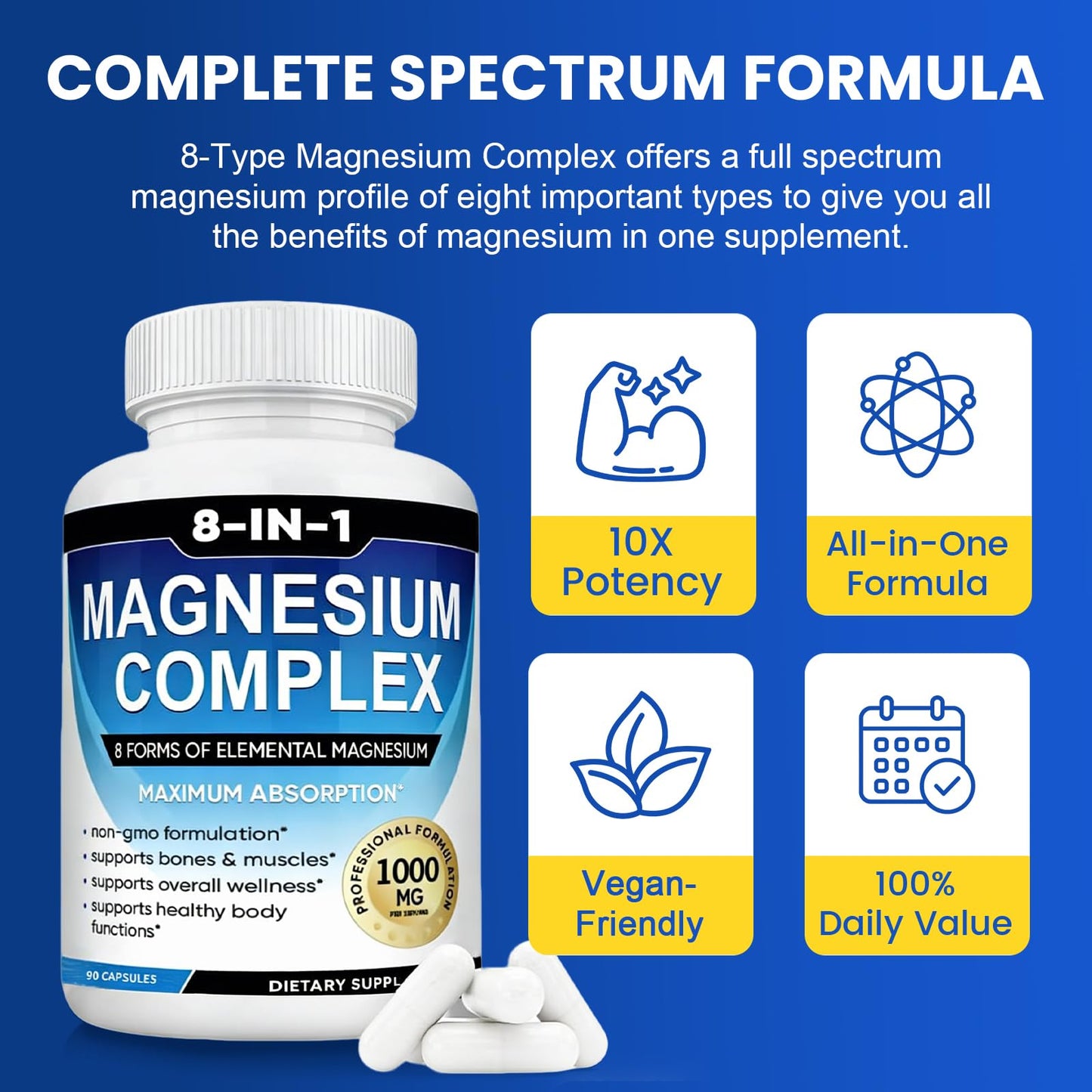 Magnesium Complex Supplement 8-in-1 Elemental 1000mg, Magnesium Glycinate, Malate & Citrate, Vegan, Non-GMO 90 Capsules - Maple Wellness Supplements