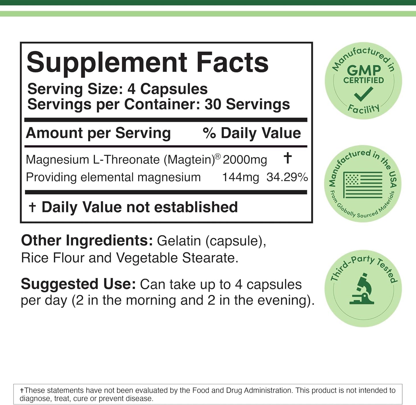 Magnesium L Threonate, Magtein - NSF Certified - Sleep and Cognitive Support – High Absorption - Maple Wellness Supplements