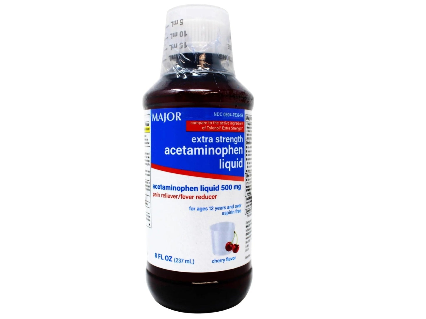 MAJOR Adult Extra Strength Liquid Acetaminophen - 500 mg Acetaminophen/15 mL Dose - Pain Reliever and Fever Reducer - Cherry Flavor - 8 Fl Oz - Maple Wellness Supplements
