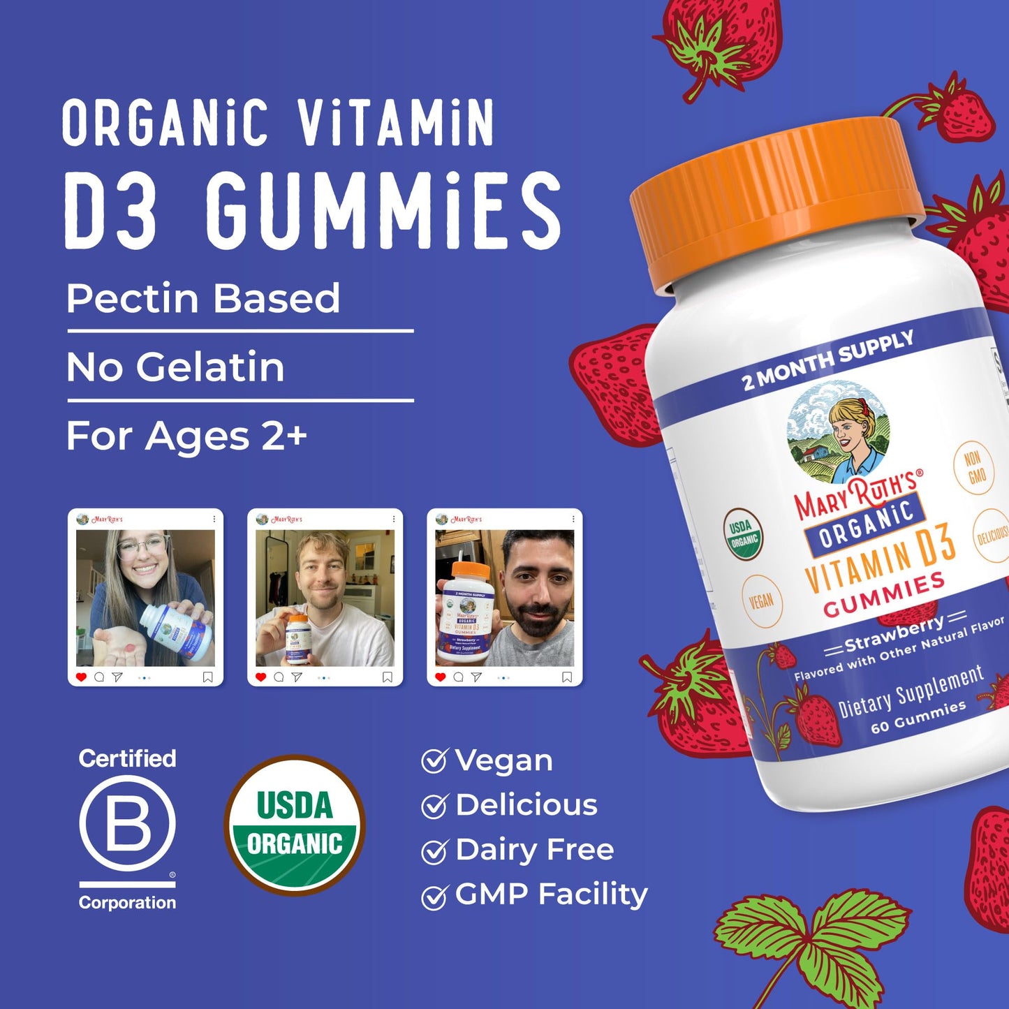 MARYRUTH'S Organic Vitamin D3 Gummies | 1000 IU | USDA Organic | Immune Support| Bone Health | Muscle Function | for Adults & Kids Ages 2+ - Maple Wellness Supplements