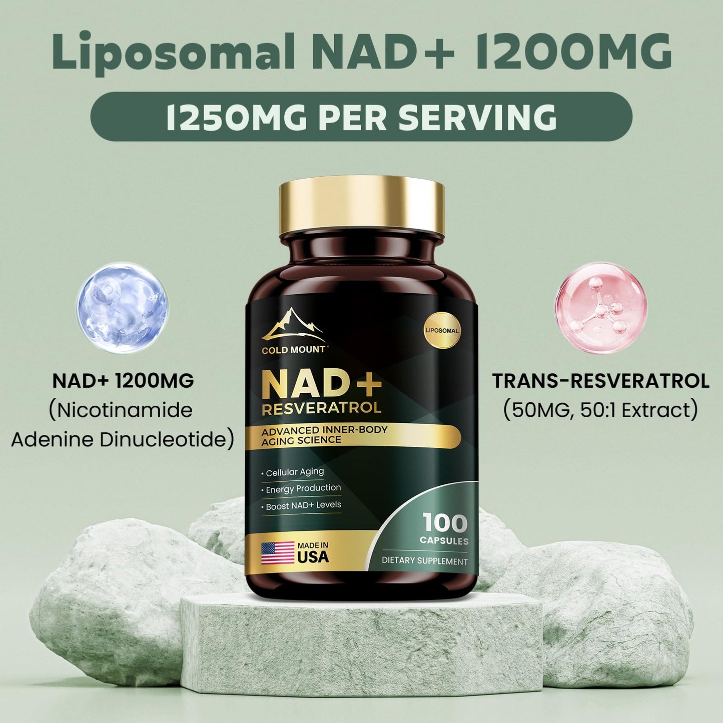 MEGNETA Liposomal NAD+ Supplement 1200mg with Trans Resveratrol - Boost NAD+ Levels, Energy & Anti-Aging Support - Vegan, 100 Capsules - Maple Wellness Supplements