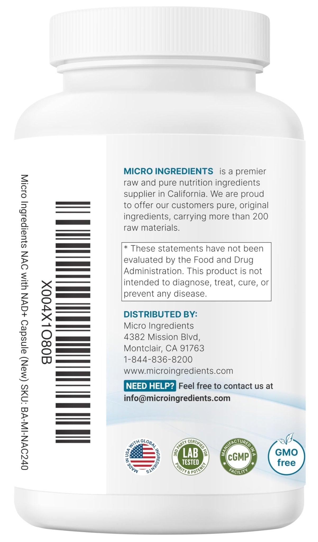 Micro Ingredients NAC with NAD+, 240 Vegetarian Capsules | 1,200 mg Per Serving | 2-in-1 N-Acetyl-L-Cysteine with Nicotinamide Adenine Dinucleotide - Maple Wellness Supplements