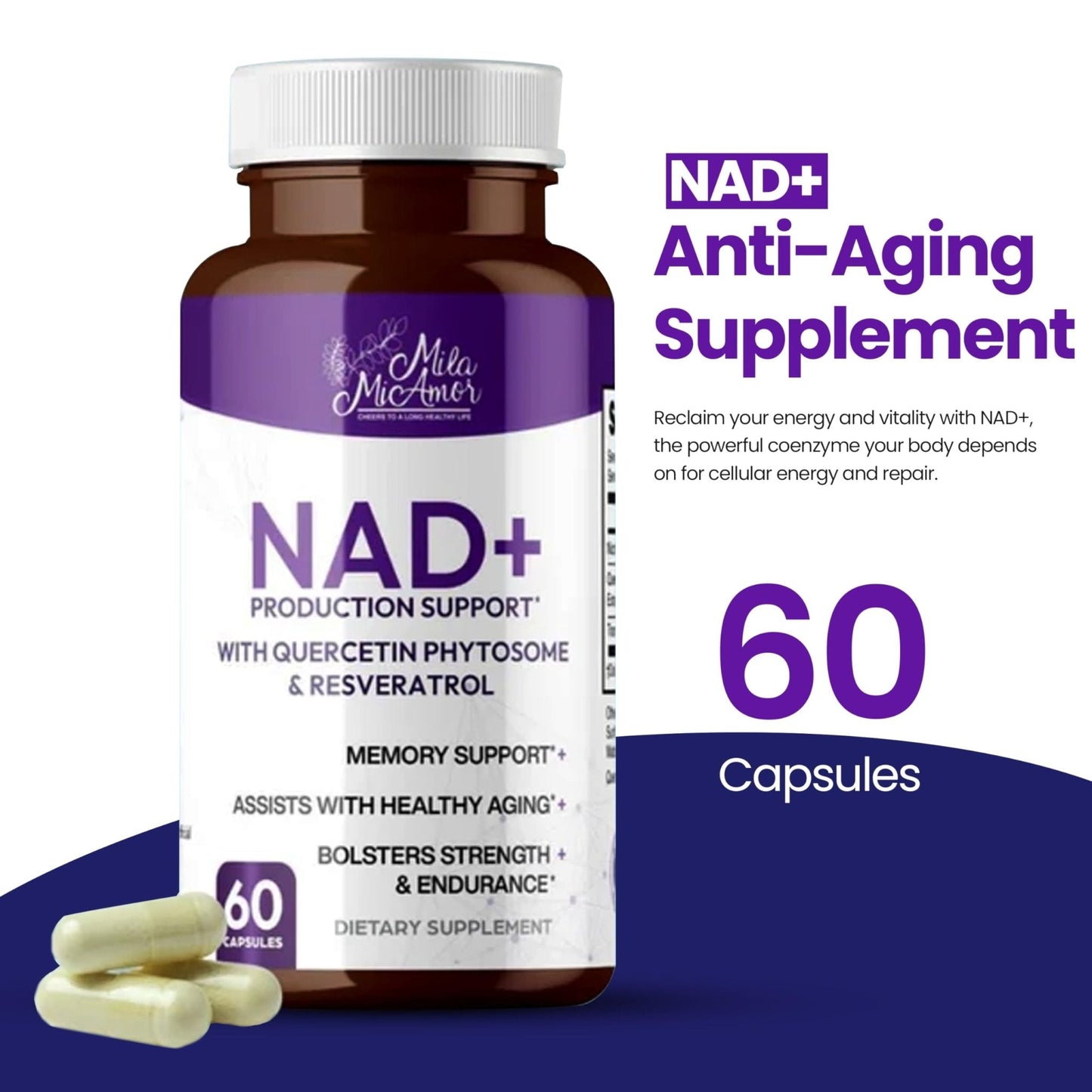 Mila Miamor NAD+ for Cellular Energy & Anti-Aging Supplement| Boost Focus, Vitality & Mitochondrial Function | Supports DNA Repair, Brain Health & Endurance | Non-GMO, Gluten-Free | 60 Capsules - Maple Wellness Supplements