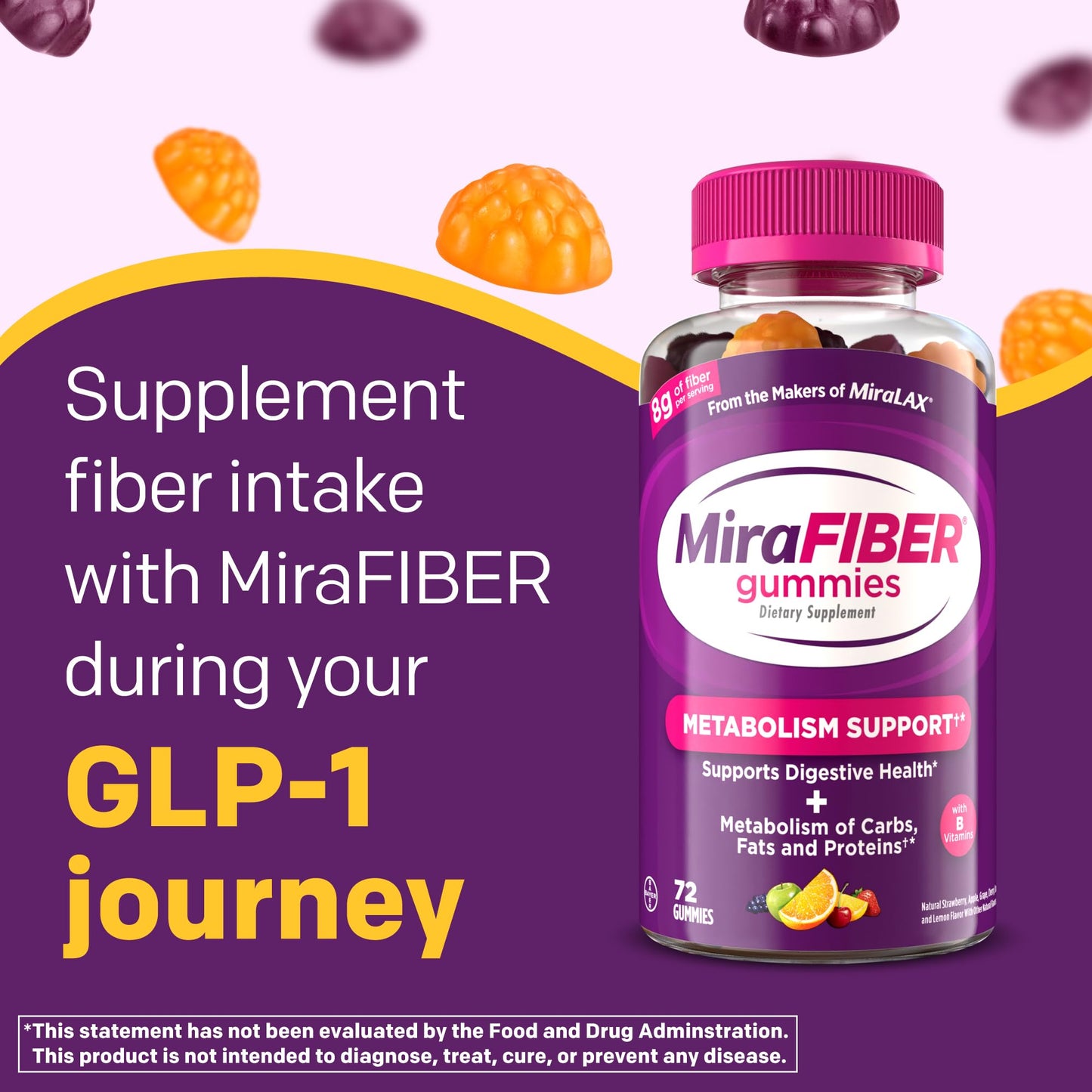MiraFIBER Gummies from The Makers of MiraLAX, 8g of Daily Fiber Per Serving, Metabolism Support with B Vitamins, Gut Health for Men & Women - Maple Wellness Supplements