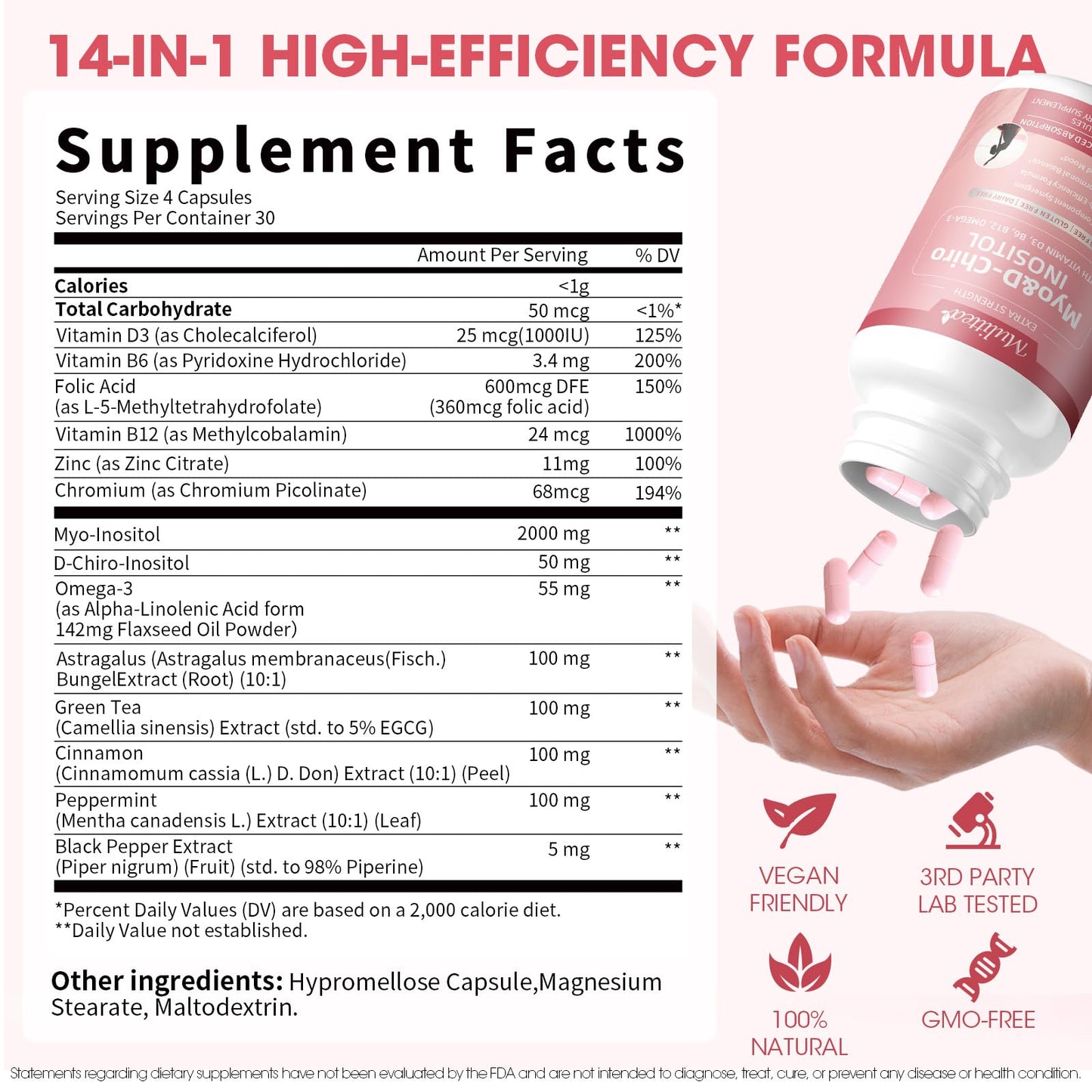 Mulittea Myo-Inositol & D-Chiro Supplement for Women - 14-in-1 Liposomal Inositol with Folic Acid,Omega-3 & Multivitamin for Hormone Balance,Support Ovarian,Skin & Mood- 40:1 Vegan 120 Capsules - Maple Wellness Supplements