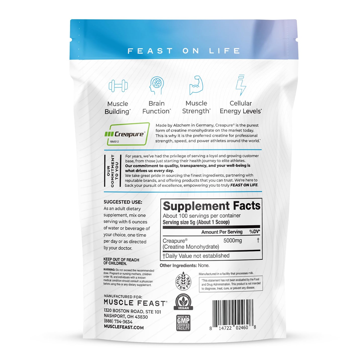 Muscle Feast Creapure Creatine Monohydrate Powder, Vegan Keto Friendly Gluten-Free, Mass Gainer, Muscle Recovery Supplement and Trusted Creatine for Muscle Growth, - Maple Wellness Supplements