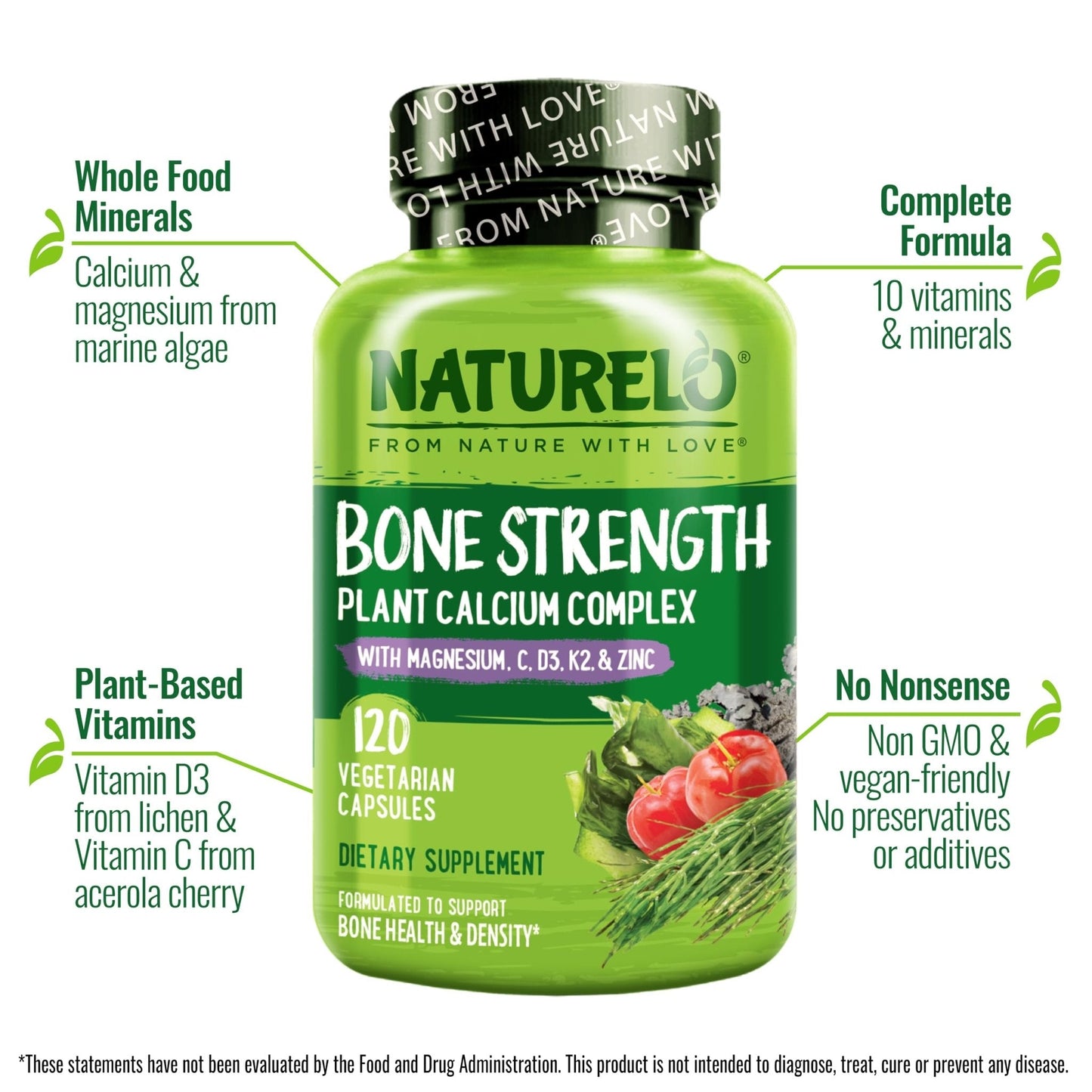 NATURELO Calcium Supplement - with Vitamin C, Vitamin D3, K2, and Calcium Magnesium Zinc for Bone Strength with Calcium 600mg - Plant-Based, 120 Vegetarian Capsules - Maple Wellness Supplements